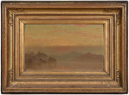 Attributed to Jervis McEntee: (American, 1828-1891) Hudson River Sunset, unsigned, oil on canvas, 10-3/4 x 18-3/4 in.; period carved gilt wood frame, 22 x 30 in. Provenance: Private Collection, Rhode Island