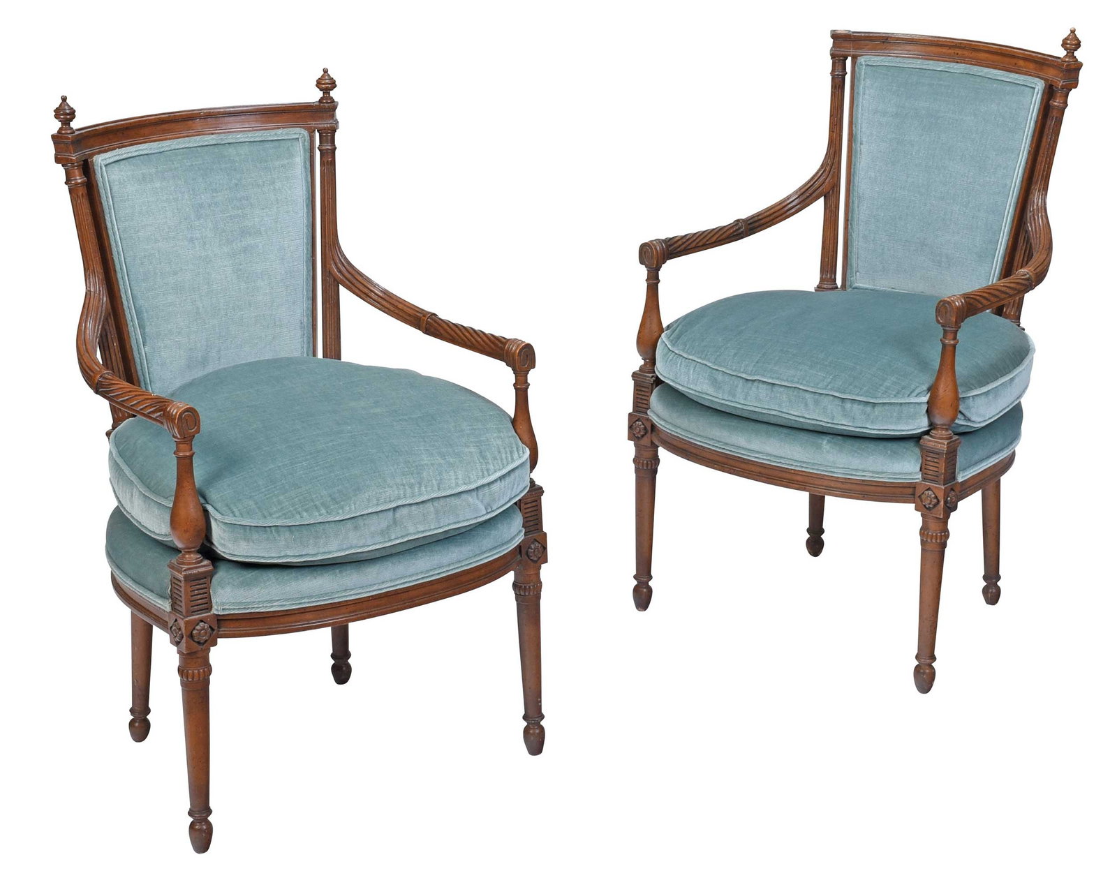Pair of Louis XVI Style Mahogany Fauteuils: 20th century, rectangular seat back, velvet upholstery, spiral turned arms, baluster uprights, floral blocked tapered legs, ovoid feet, 36 x 22 x 19 in. Provenance: Property from the Collection of Amb