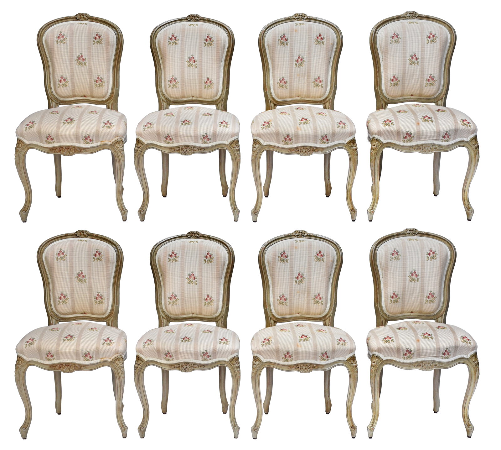 Set of Eight Louis XV Style Painted Side Chairs: 20th century, each with molded crest rail centered by a floral cluster, serpentine seat, floral carved cabriole legs, scrolled toes, 35-3/4 x 19-1/2 x 17-1/2 in. Provenance: Property from the Collecti
