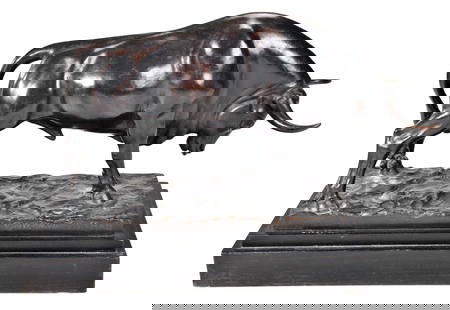 Malvina Cornell Hoffman Bronze: (New York, 1887-1966) Dying Bull, signed and dated on bronze base "1952 Malvina Hoffman", patinated bronze 8 x 13 x 5-1/4 in. in., on a stepped, painted wood plinth, 2-1/8 x 13-1/4 x 6-1/4 in. Provena