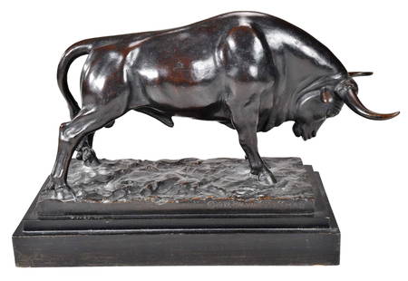 Malvina Cornell Hoffman Bronze: (New York, 1887-1966) Dying Bull, signed and dated on bronze base "1952 Malvina Hoffman", patinated bronze 8 x 13 x 5-1/4 in. in., on a stepped, painted wood plinth, 2-1/8 x 13-1/4 x 6-1/4 in. Provena