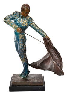 Malvina Cornell Hoffman, Matador Sculpture: (New York, 1887-1966) Matador Muleta, 1953, signed in bronze base "Malvina Hoffman 1953", Stamped "Roman Bronze Works, Inc. N.Y.", bronze with brown, verdigris and golden patination, 12 x 9 x 6 in., w