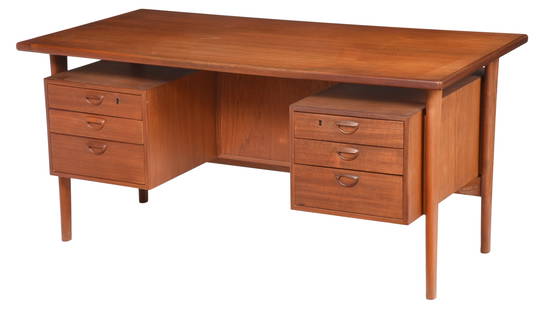 Kai Kristiansen Teak Desk: Danish, circa 1960s, Feldballes Mobelfabrik, floating top over two compartments fitted with three drawers, opposing open compartments, tapered legs, 28-3/4 x 59-1/2 x 30-1/2 in. Provenance: To Benefit