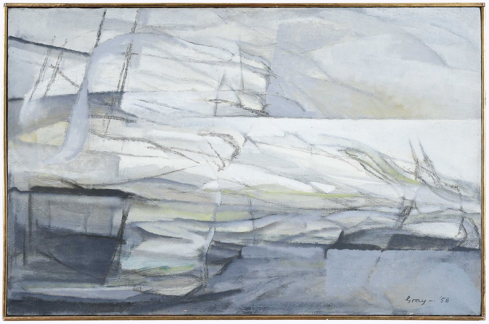 Cleve Gray: (Connecticut/New York, 1918-2004) The Sea Near Pontevedra, 1958, signed lower right "Gray - '58", titled and dated verso canvas, oil on canvas, 18-1/8 x 27-7/8 in.; lattice type frame, 18-5/8 x 28-3/8