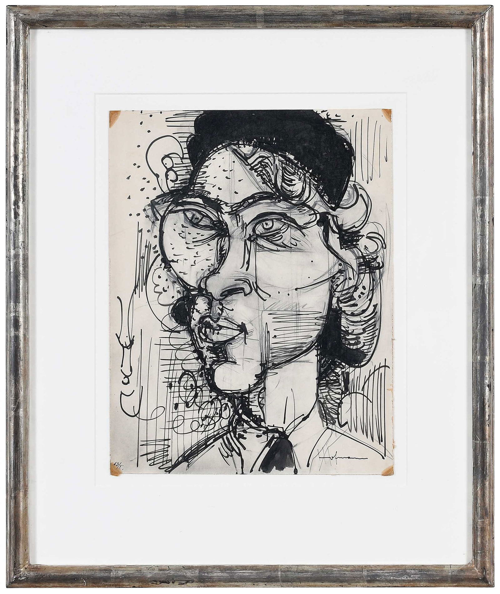 Hans Hofmann Drawing: (American, 1880-1966) Portrait, signed lower right "H.Hofmann", inscribed left corner "13/I.", ink over black crayon on paper, 13 x 10-1/8 in.; modern gilt frame, 20-3/4 x 17-3/8 in. Provenance: Priva