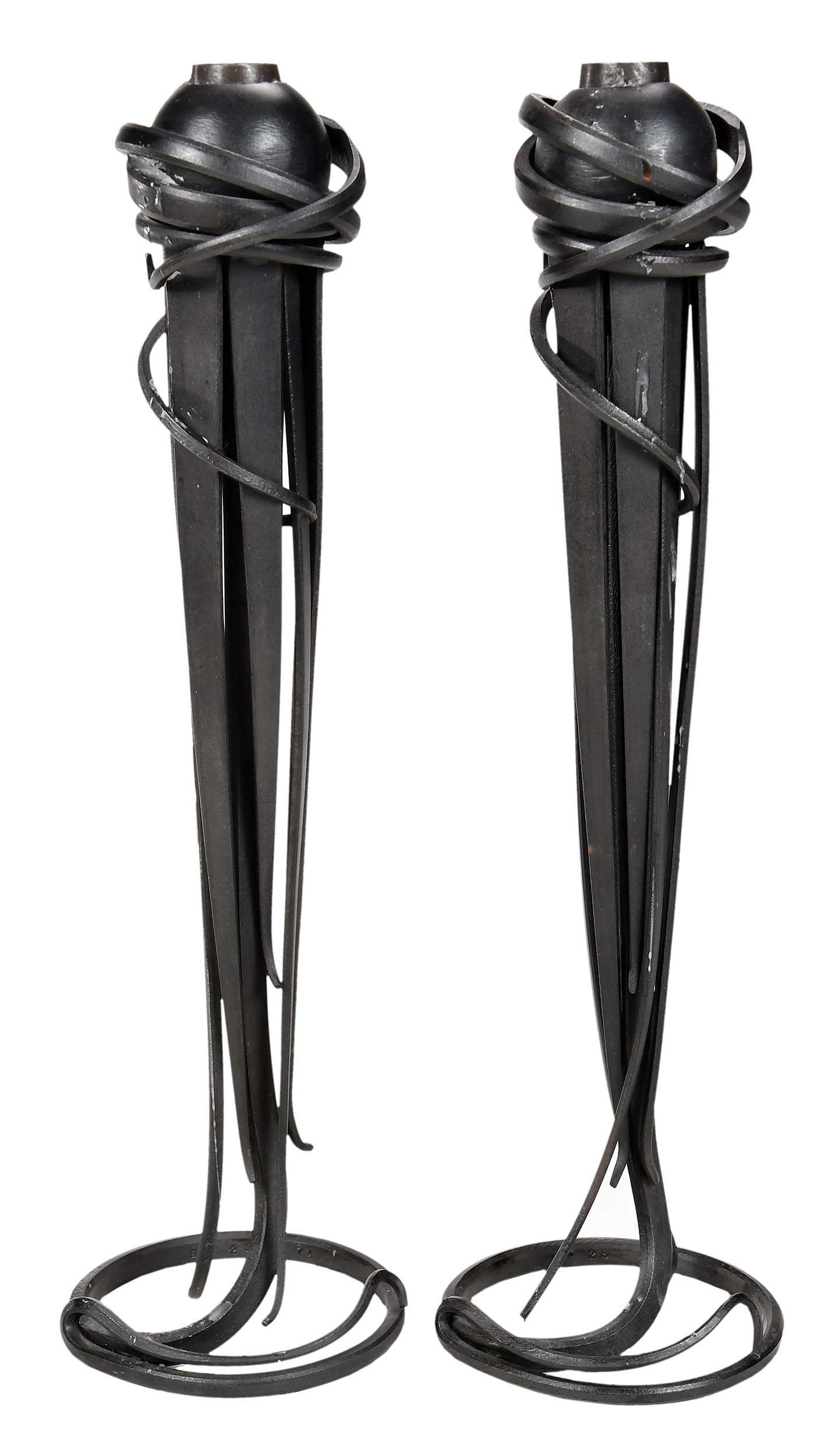 Albert Paley: (American, b. 1944) Pair of Candlesticks, 1993, signed and dated to base, forged steel, 14-5/8 x 4 in. Provenance: Private Nashville Collection