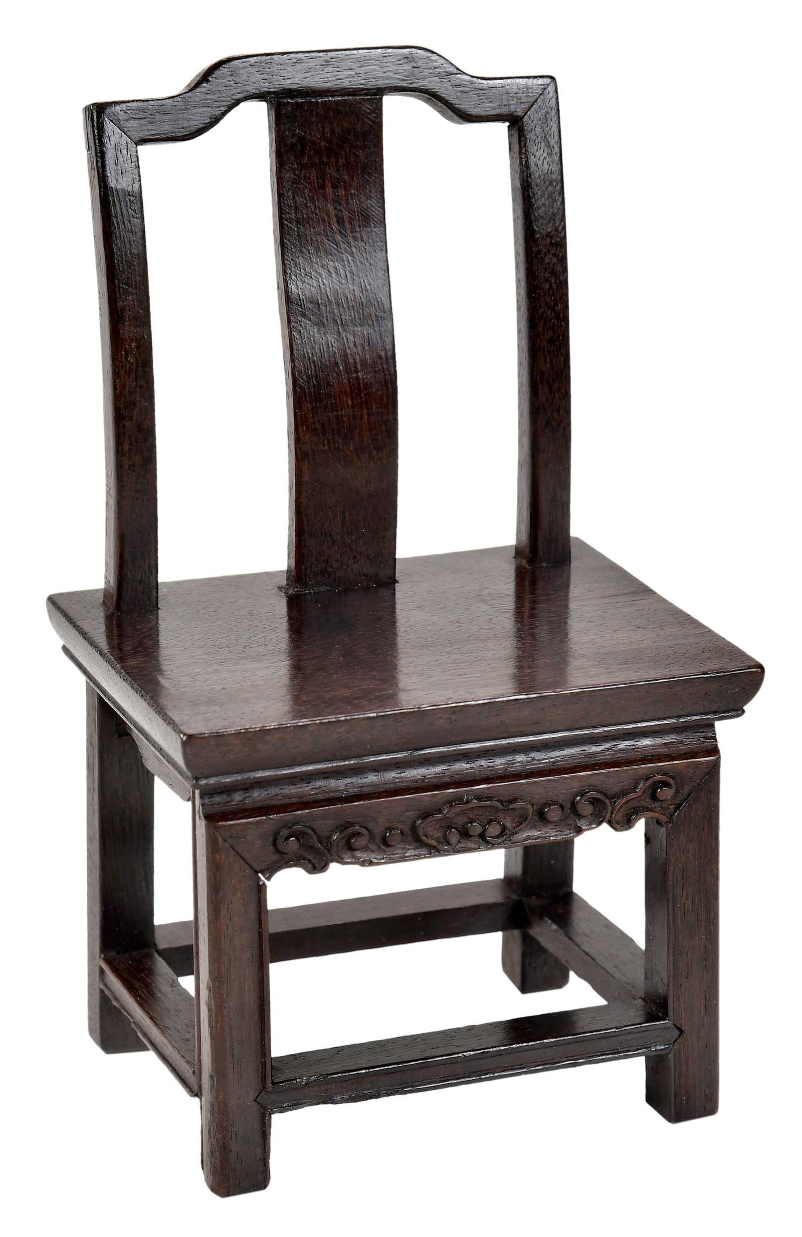 Chinese Carved Jichimu Miniature Chair: late Qing dynasty, yoke back chair, 6-3/8 x 3-7/8 x 3 in., with fitted case, 5-1/8 x 8-3/4 x 6-1/8 in. Provenance: M.D. Flacks, Ltd., New York, 2004 (label); Private Collection, New York