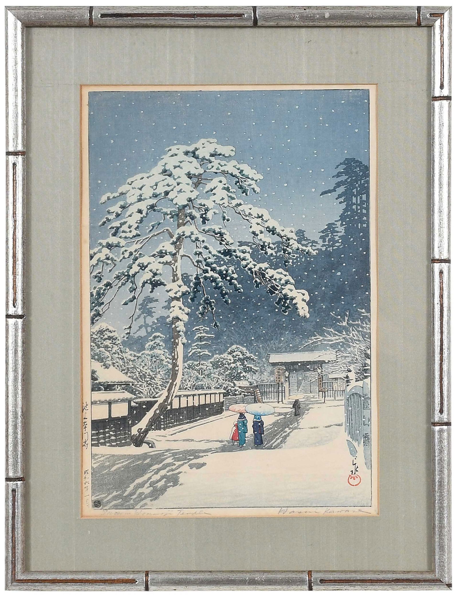Kawase Hasui: (Japanese, 1883-1957) Honmonji Temple in Snow at Ikegami, artist signature lower right, signed "Hasui Kawase" in graphite lower right, Watanabe seal lower left, woodblock print, sheet 14-3/4 x 10-1/4