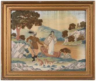 British Framed Watercolor and Needlework on Silk