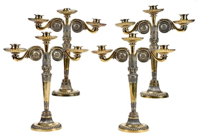The Earl of Granville Ambassadorial Set of George III Gilt English Silver Three Light Candelabra