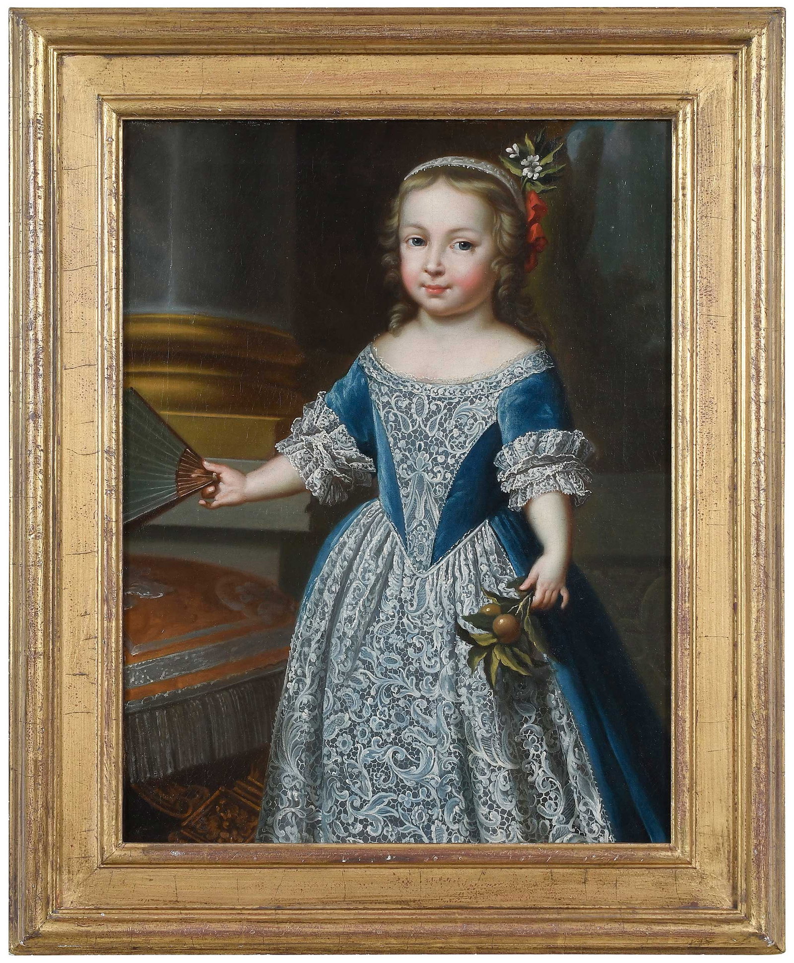 Circle of Pierre Gobert: (French, 1662-1744) Portrait of Young Girl in Blue Velvet Dress with Lace Trim, circa 1730s, old label attached verso with attribution to Sir Godfrey Kneller, oil on canvas, 20-1/4 x 16-1/8 in.; gilt 