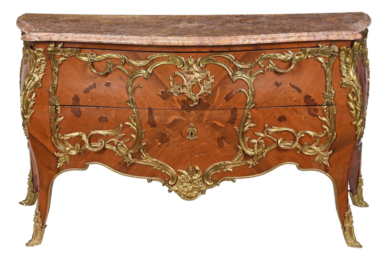 Fine Louis XV Style Bronze Mounted Tulipwood and Marquetry Bombe Commode (1 of 20)