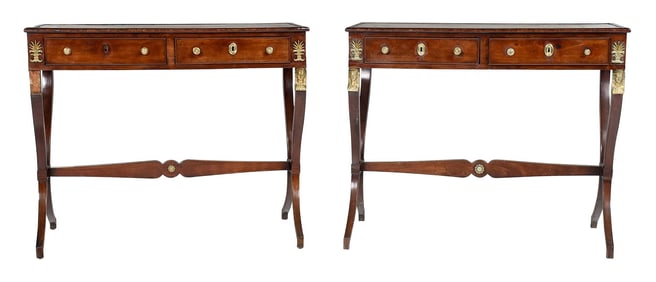 Pair of Continental Egyptian Revival Bronze Mounted Mahogany Console Tables