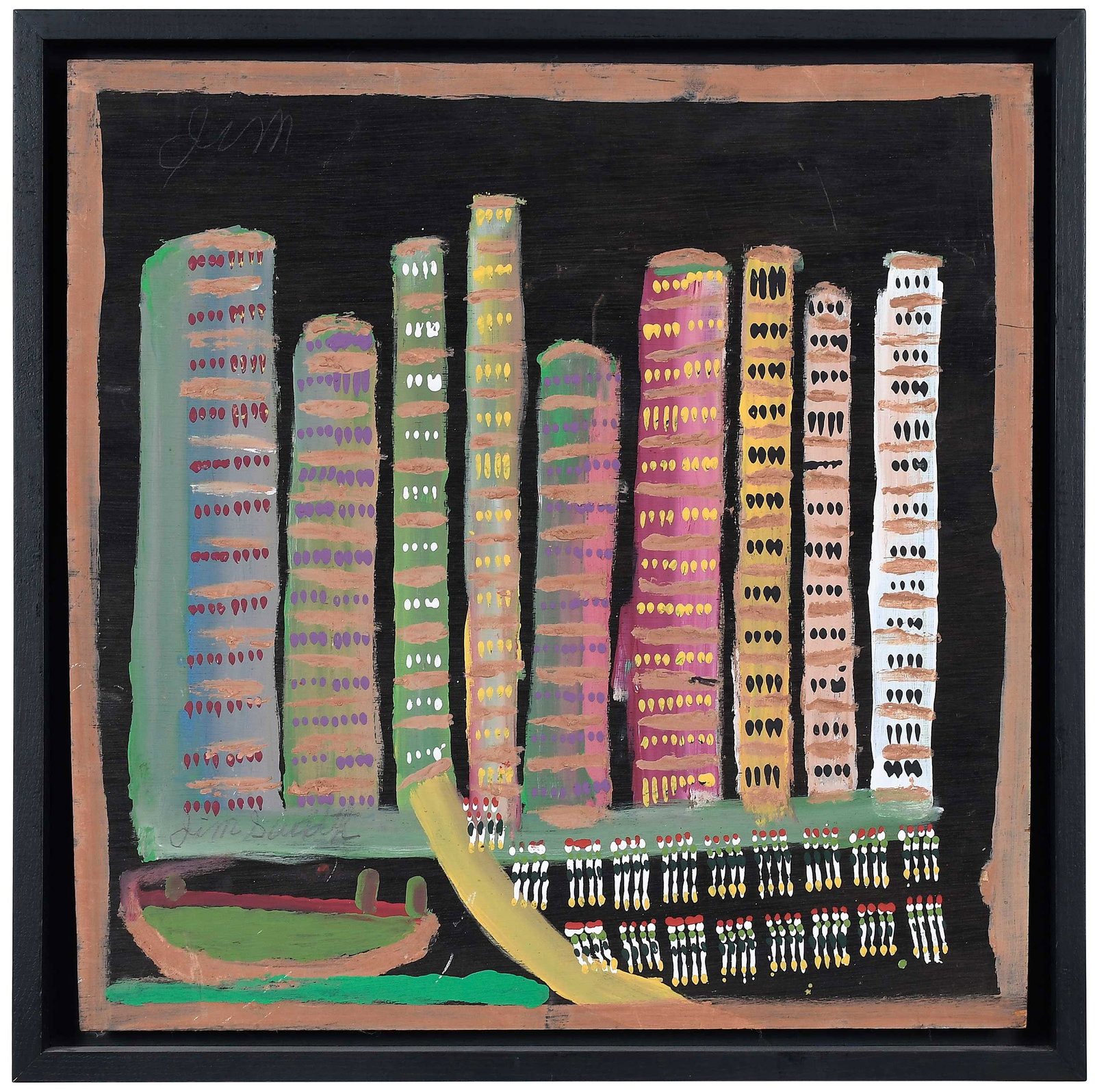 Jimmy Lee Sudduth: (American/Alabama, 1910-2007) Cityscape, signed "Jim" in upper left and "Jim Sudduth" in lower left, paint and mud on board, 24 x 24 in.; black painted wood frame, 26-1/2 x 26-1/2 x 1-1/2 in. Provenan