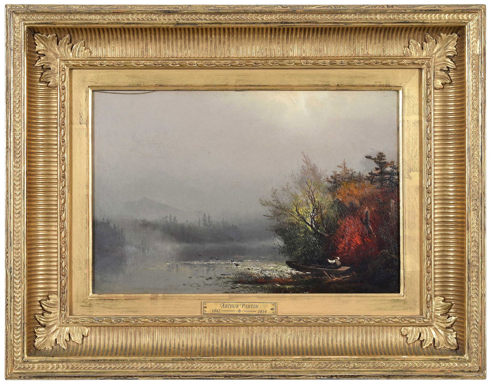 Arthur Parton: (American, 1842-1914) Misty Mountain Lake, signed lower right "A Parton", oil on canvas, 10 x 15 in.; fine reproduction gilt wood frame, 18 x 23 in. Provenance: Private Collection, New York, New York;