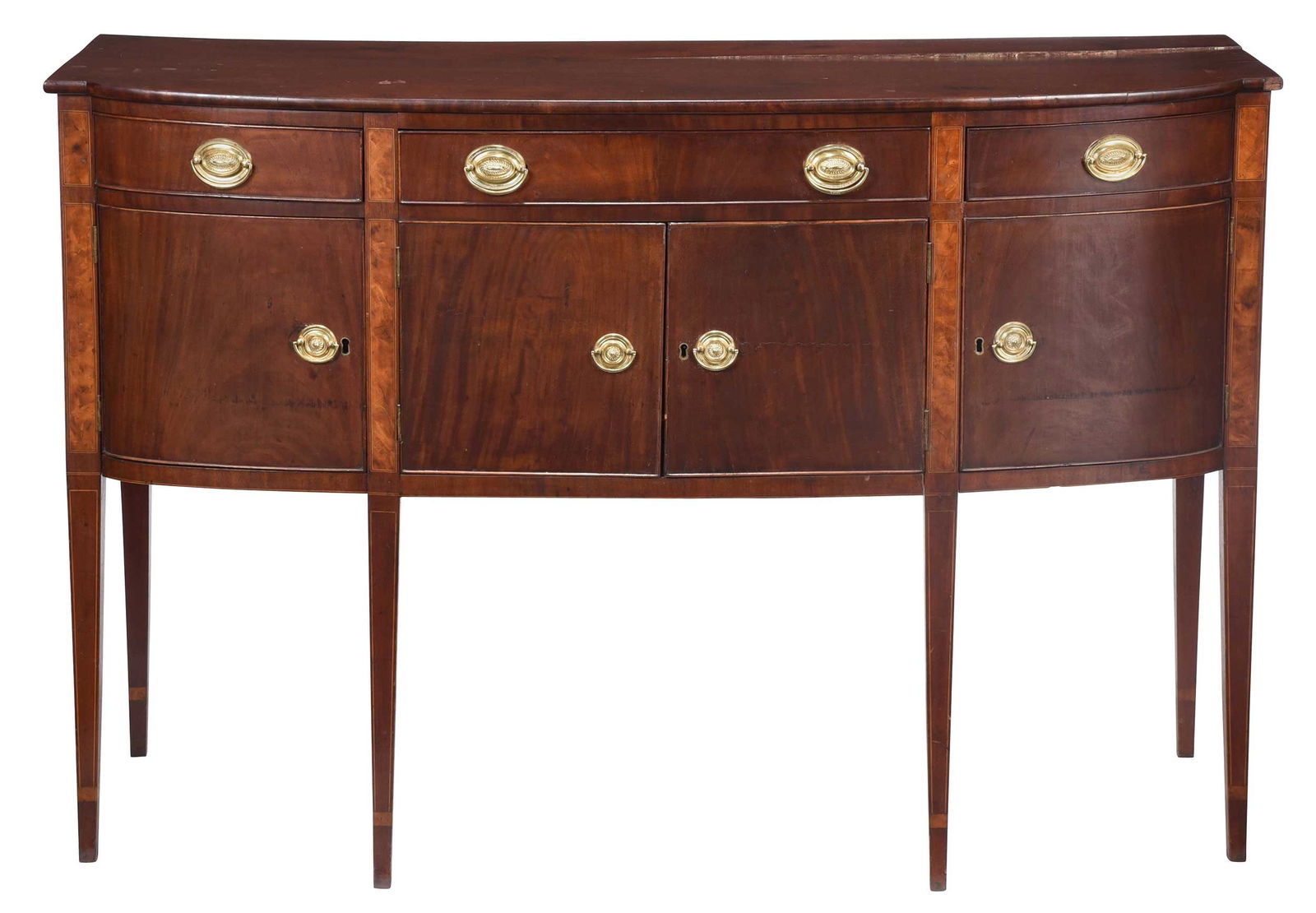 Federal Mid Atlantic Inlaid Mahogany Sideboard: early 19th century, possibly Virginia, shaped bowfront top, conforming case fitted with three frieze drawers over cabinet doors, flame birch inlaid panels, tapered legs, 41-1/2 x 61 x 23-1/4 in. Prove