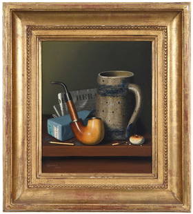 William Michael Harnett: (American, 1848-1892) Mynheer's Lunch, 1879, signed and dated lower left "WMHarnett 1879", oil on canvas, 12-1/2 x 10-1/2 in.; period gilt wood frame, 19 x 17 in. Provenance: Colonel George G. Briggs,