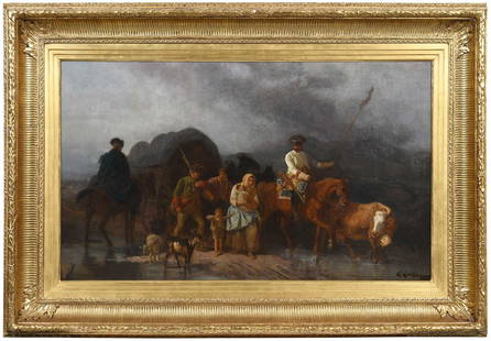 Emanuel Gottlieb Leutze: (German/America,1816-1868)Stephen Austin Crossing into Texas--Two O'clock and No Water, signed and dated lower right "E. Leutze 1857", oil on canvas, 24 x 41-1/2 in.; fine period carved gilt wood