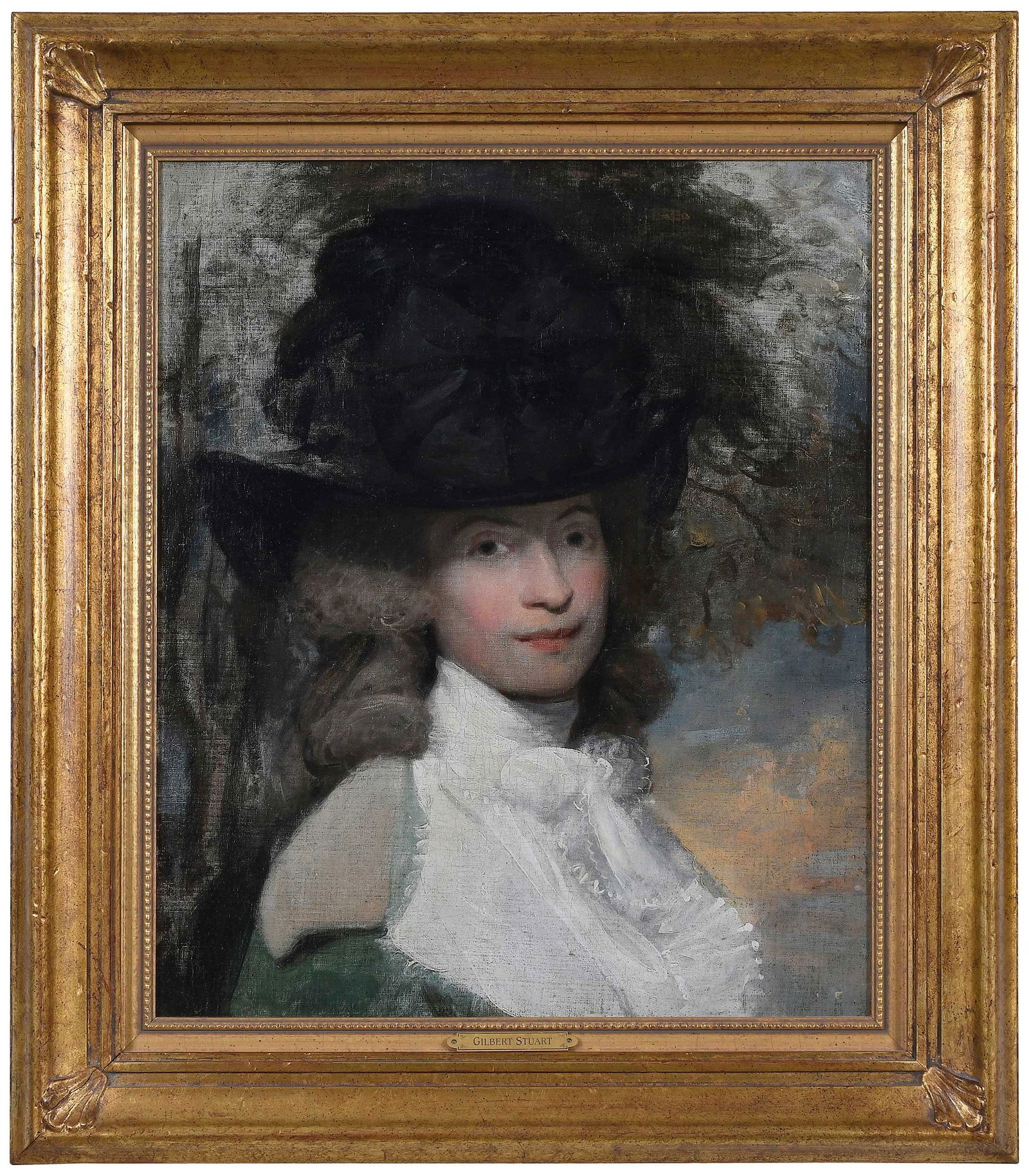 Attributed to Gilbert Stuart: (American/England/Ireland, 1755-1828) Portrait of a Woman in Feathered Hat, inscribed verso "Emily Stotherd", circa 1780-1790, oil on canvas, 20-1/4 x 16-7/8 in. (50.8 x 40.64 cm.); modern gilt wood f