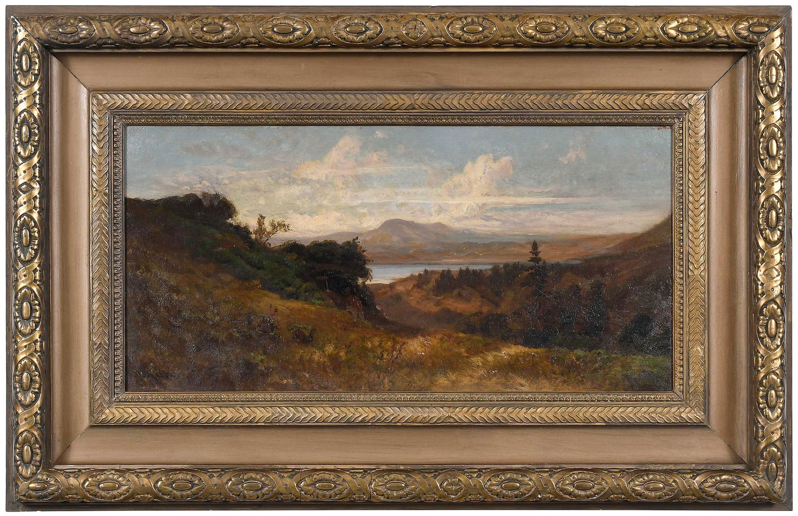 William Keith: (American, 1838-1911) Summer Afternoon, Sierra Foothills, signed lower left "W Keith, titled pencil verso panel and stretcher, oil on panel, 12-3/4 x 26 in.; period carved gilt wood frame, 23-1/4 x 36