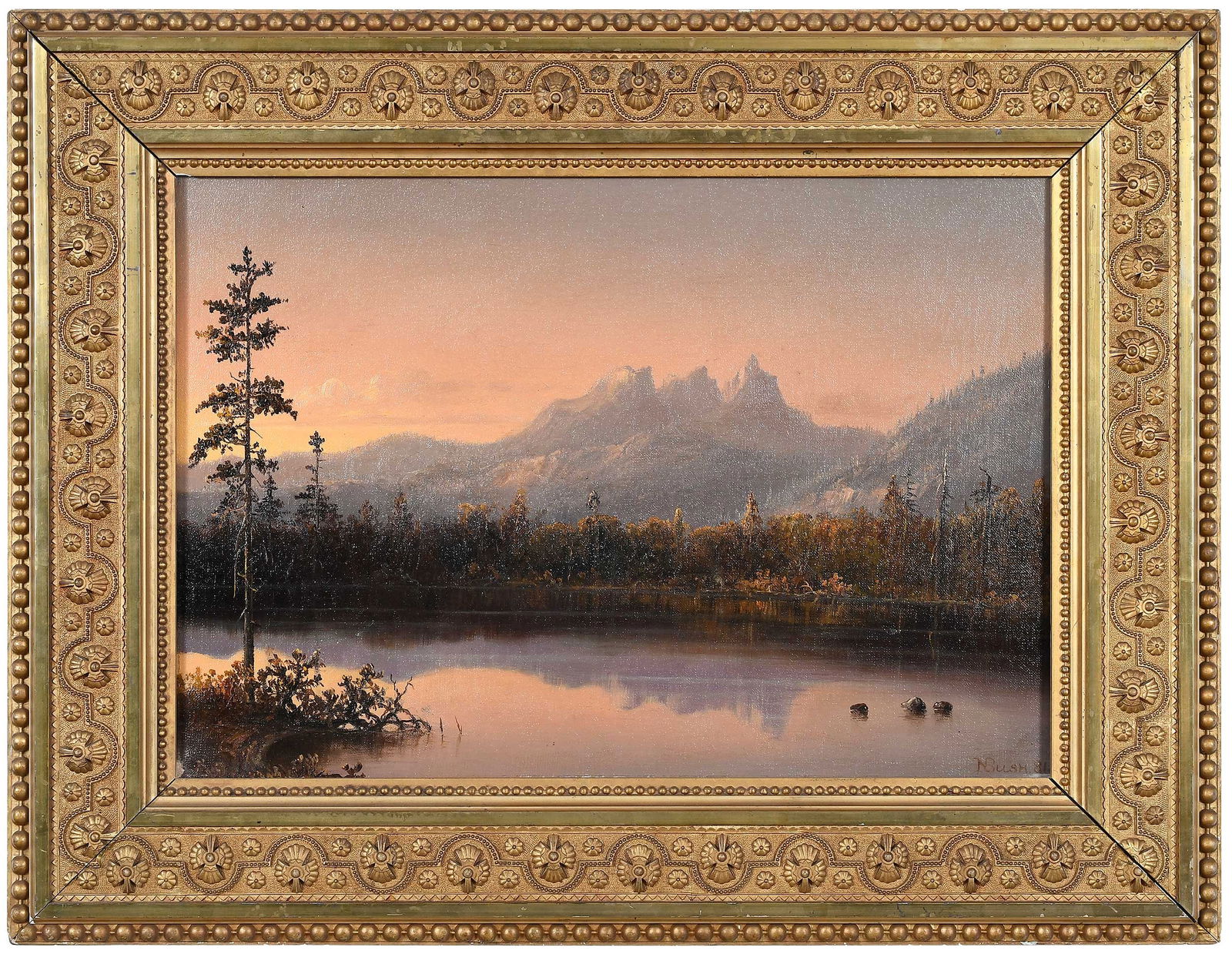 Norton Bush: (American, 1834-1894) Castle Crags, Klamath Mountains, California, 1881, signed lower right "NBush 81", oil on canvas, 14 x 20 in.; period carved gilt wood frame stamped "Whittier,Fuller" (San Francis