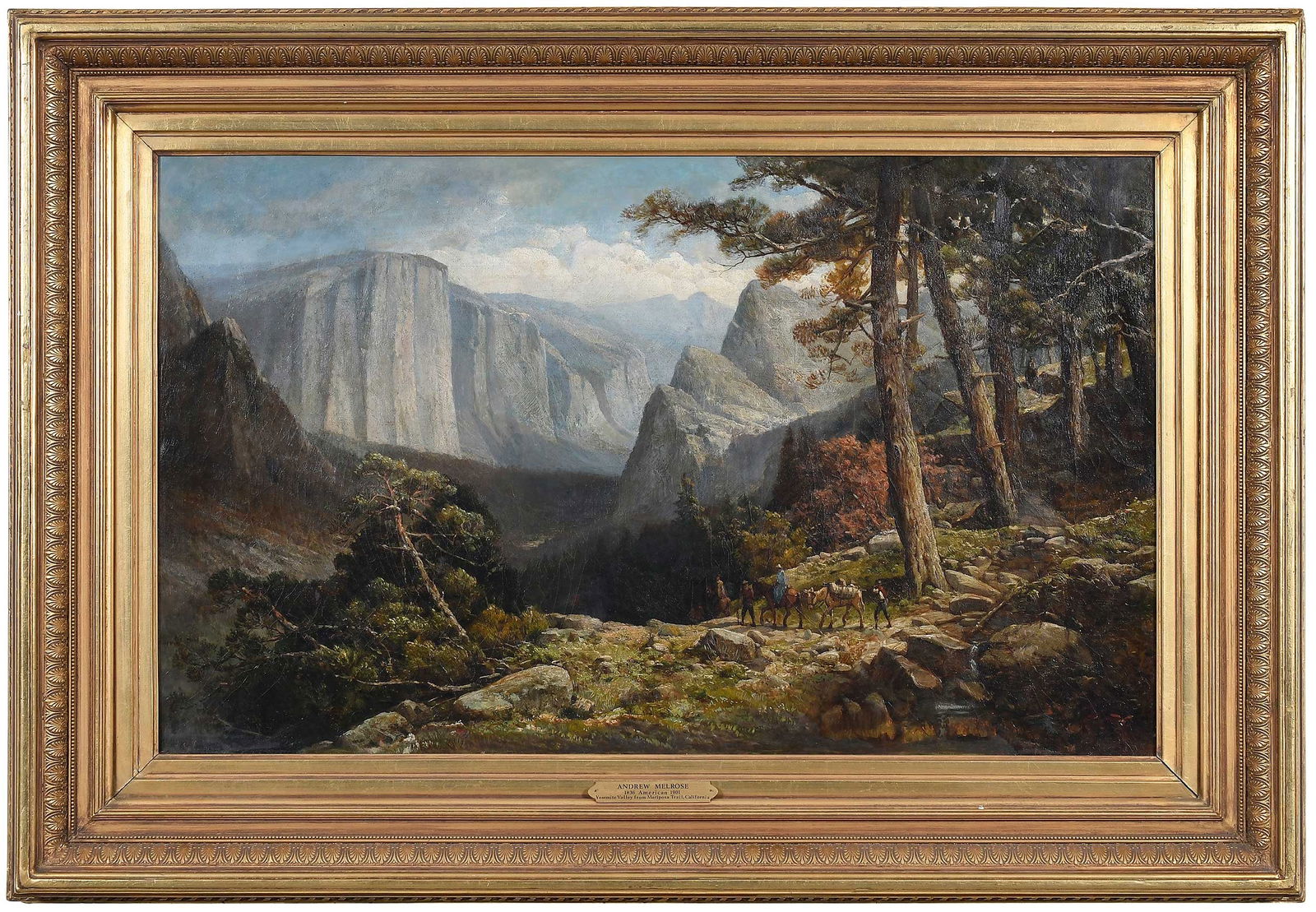 Andrew W. Melrose: (New Jersey/California, 1836-1901) Yosemite Valley from the Mariposa Trail, signed lower left "...Melrose", oil on canvas, 22 x 36 in.; fine reproduction gilt wood frame, 31-3/4 x 45-3/4 in. Provenanc