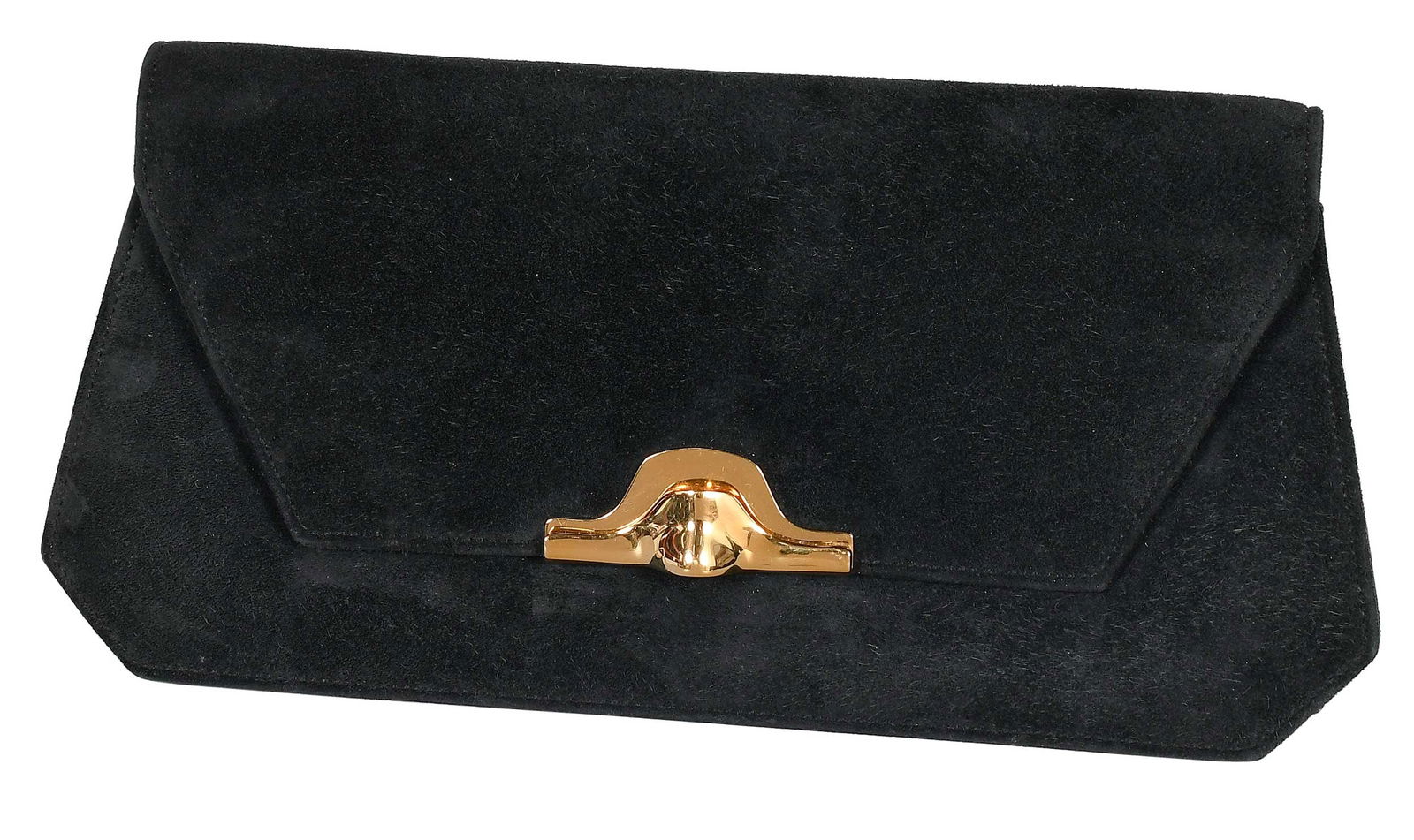 Hermes Black Suede Clutch: circa 1970s, hexagonal clutch with foldover and 18kt. gold plated metal snap closure, opening to interior with four pockets, 12 x 5-1/2 x 1 in. Provenance: Private Collection