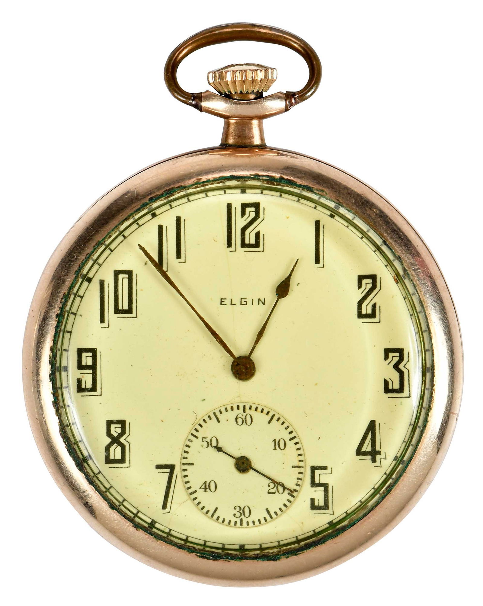 Elgin Pocket Watch: open face, tested 10kt. yellow gold, 38mm, monogram engraving on back "ALE", 57.3 g Provenance: Private Collection Note: the movement has not been tested for accuracy, and Brunk Auctions makes no warr