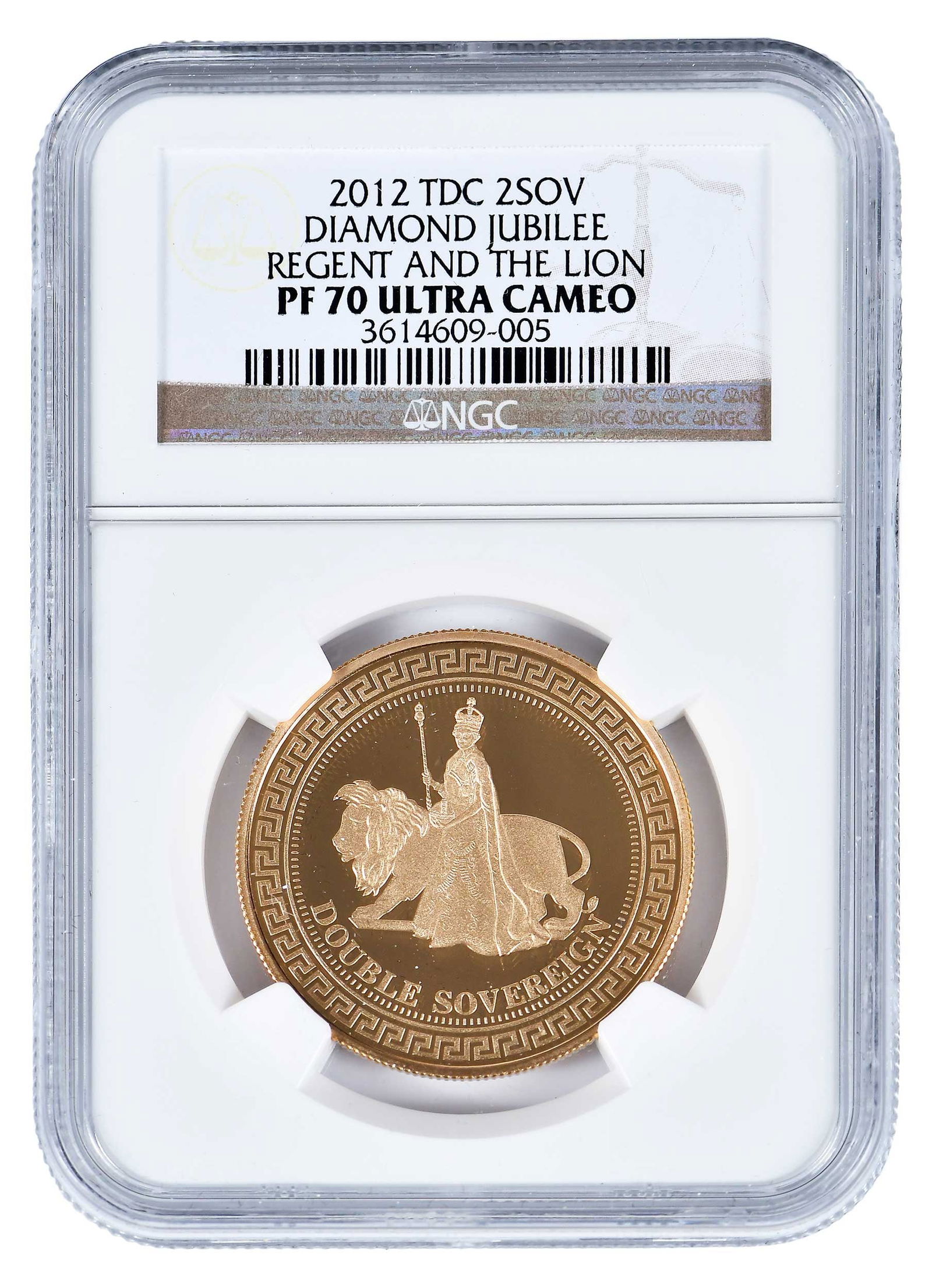 2012 Tristan De Cunha Diamond Jubilee Regent (Una) & Lion Two Sovereign Gold Coin: Queen Elizabeth II diamond jubilee commemorative, number 614 of 999 issued, 16 grams of 22k gold, with certificate and box Provenance: Private Collection