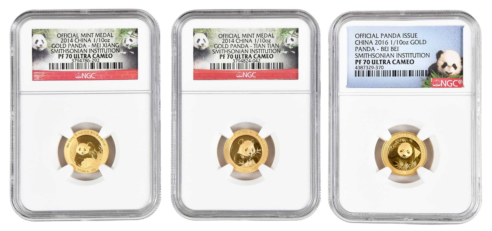 Three Chinese "Smithsonian Institution" Gold Panda Tenth-Ounce Coins (1 of 4)