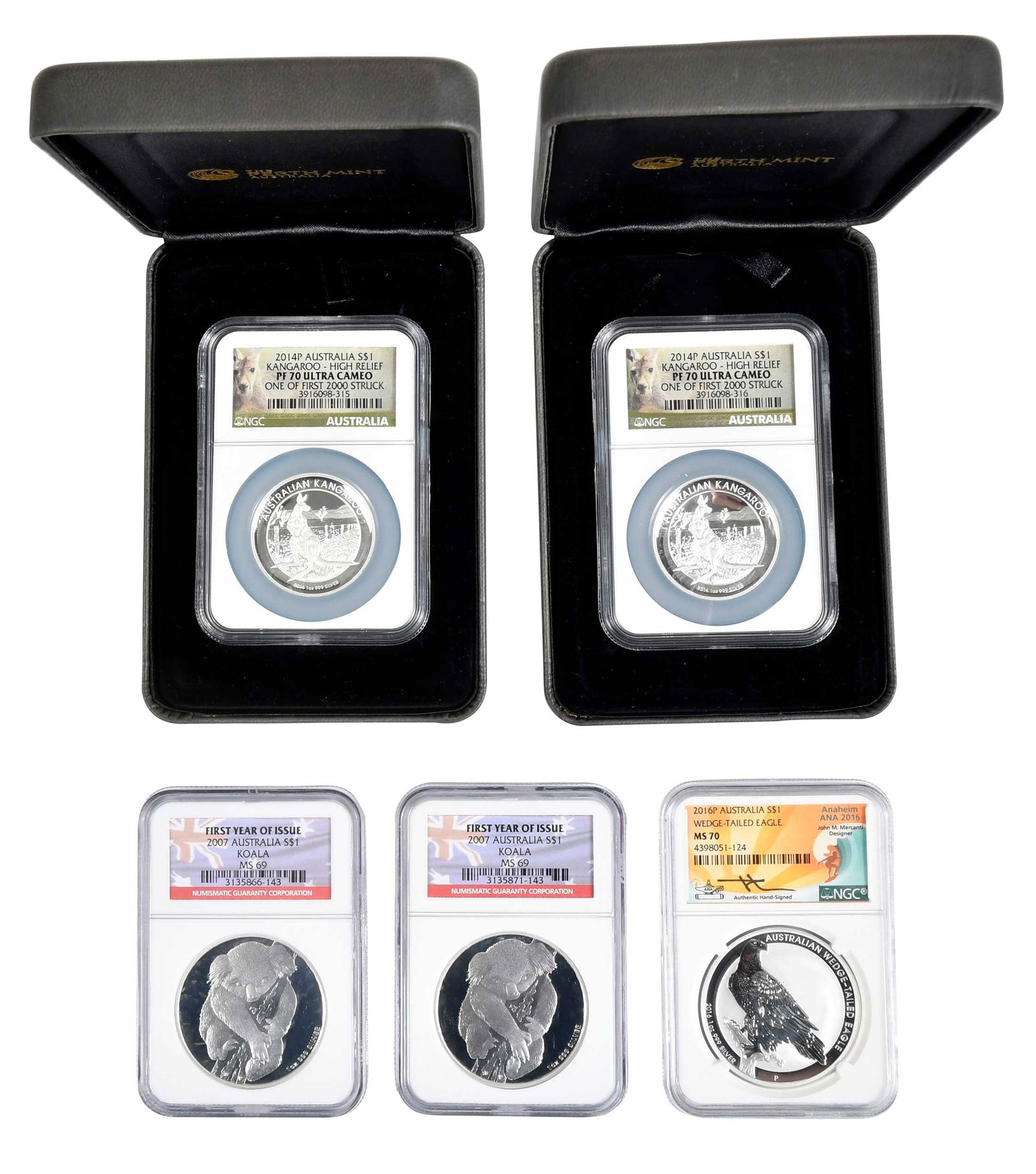Five Graded Australian Silver $1 Coins, Koala, Kangaroo, Eagle (1 of 5)