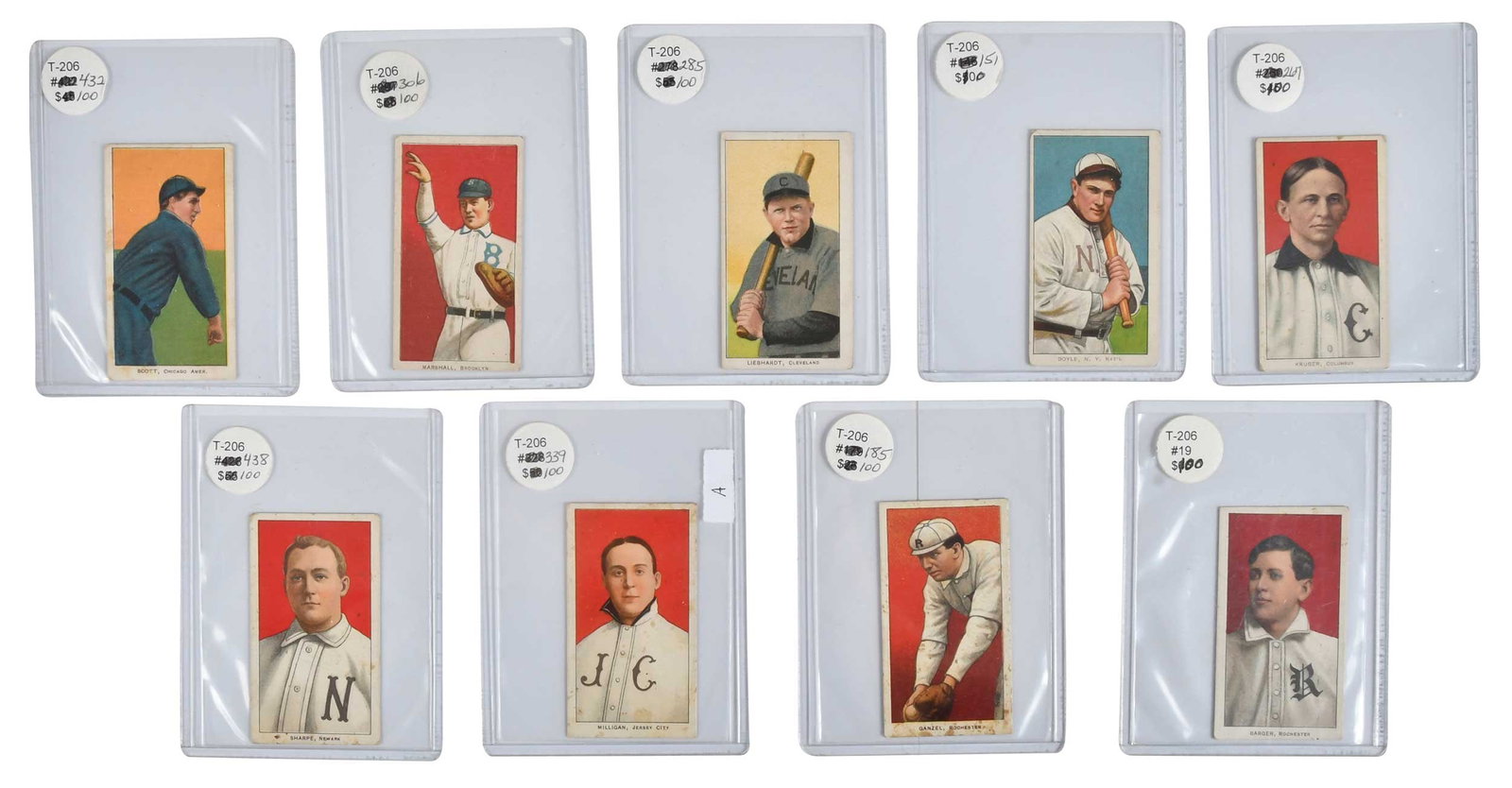 1909-11 T-206 Tobacco Card Group, Nine Total, Some Polar Bear Reverse: ("Death Valley" Jim) Scott, Chicago Amer., Sweet Caporal reverse; (William "Doc") Marshall, Brooklyn, Piedmont reverse; (Glenn) Liebhardt, Cleveland, Piedmont reverse; (Larry) Doyle, New York, Nat'l, 