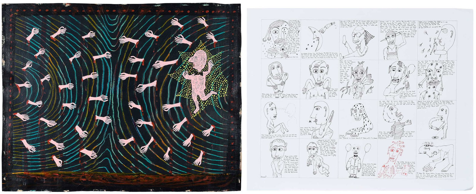 Ronald J. Sloan: (American/Brooklyn, born 1932) Two works: The Singer, signed lower left, "R Sloan 1994", oil on paper, 22 x 28-1/2 in.; 20 Panel Cartoon, signed lower left, "R Sloan 91", ink on paper, 23 x 29 in.; un