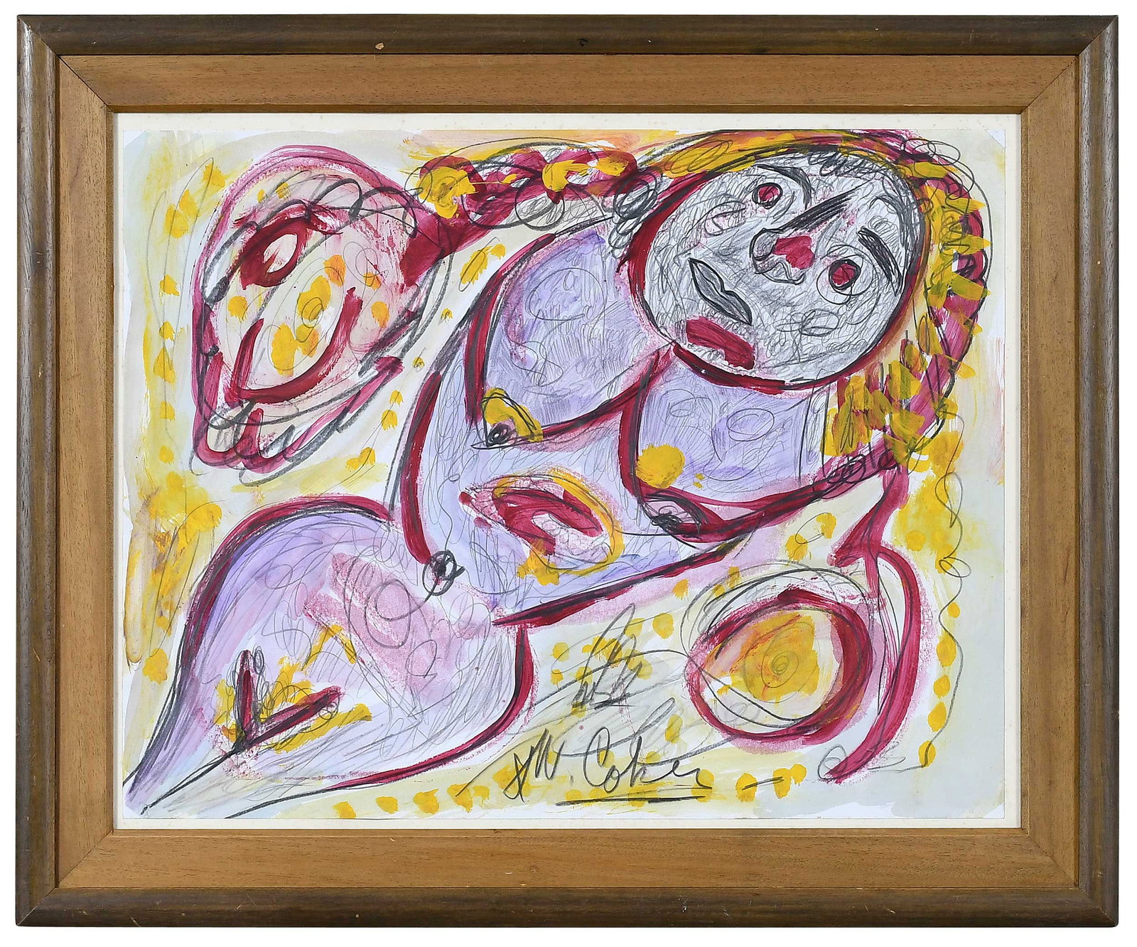 Jerry Coker: (Florida/Arkansas, born 1938) Nude woman, signed bottom center "J.W. Coker", oil and pencil on paper, 17-3/8 x 22-3/8 in.; wood frame, 22-7/8 x 28-7/8 in. Provenance: Property sold to benefit the Amer