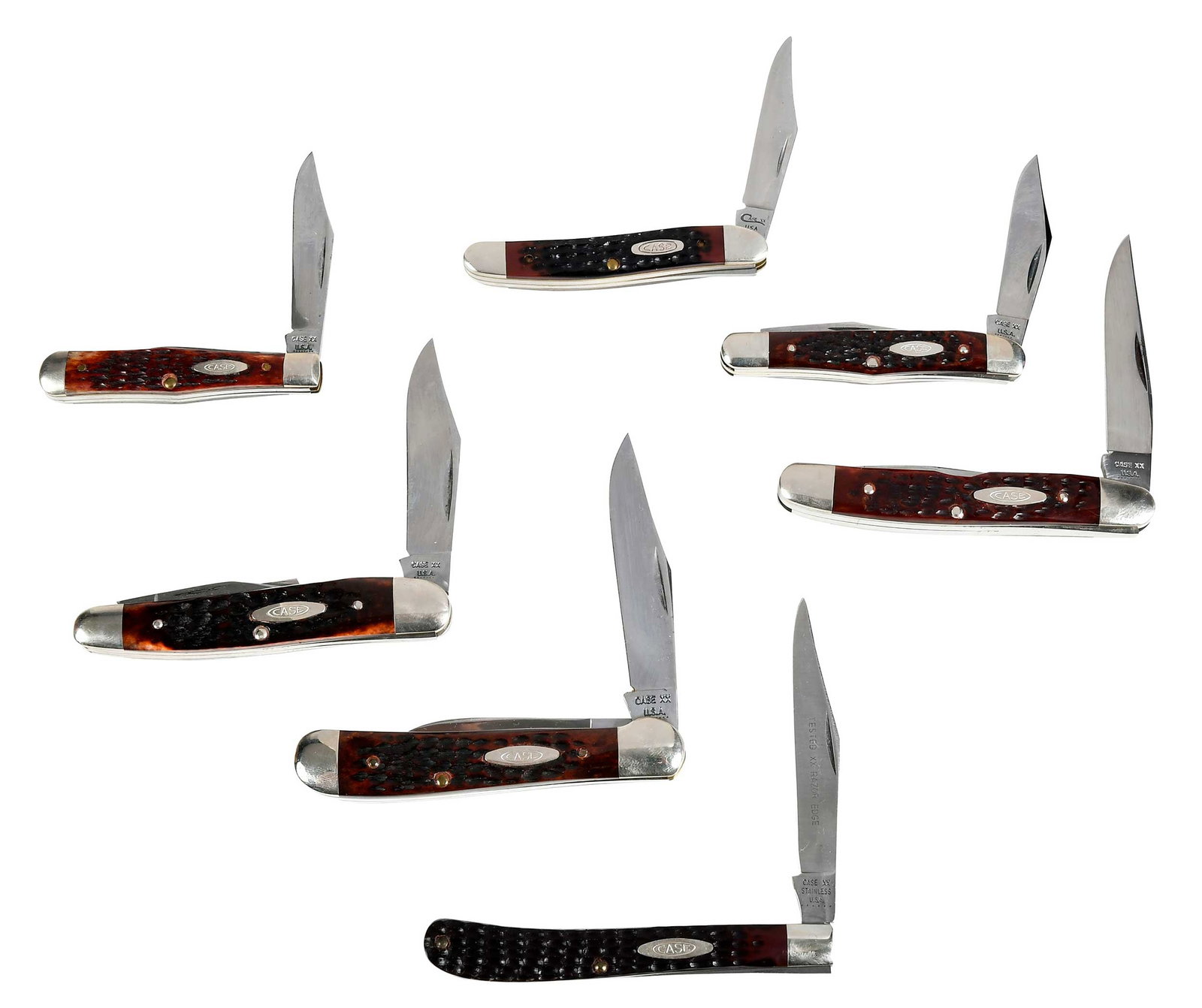 Group of Seven Older Model Case Knives: handles jigged bone, one delrin, popular models: copperhead, muskrat, others, largest 4 in. (closed) Provenance: The Fredrick Hallyburton Collection