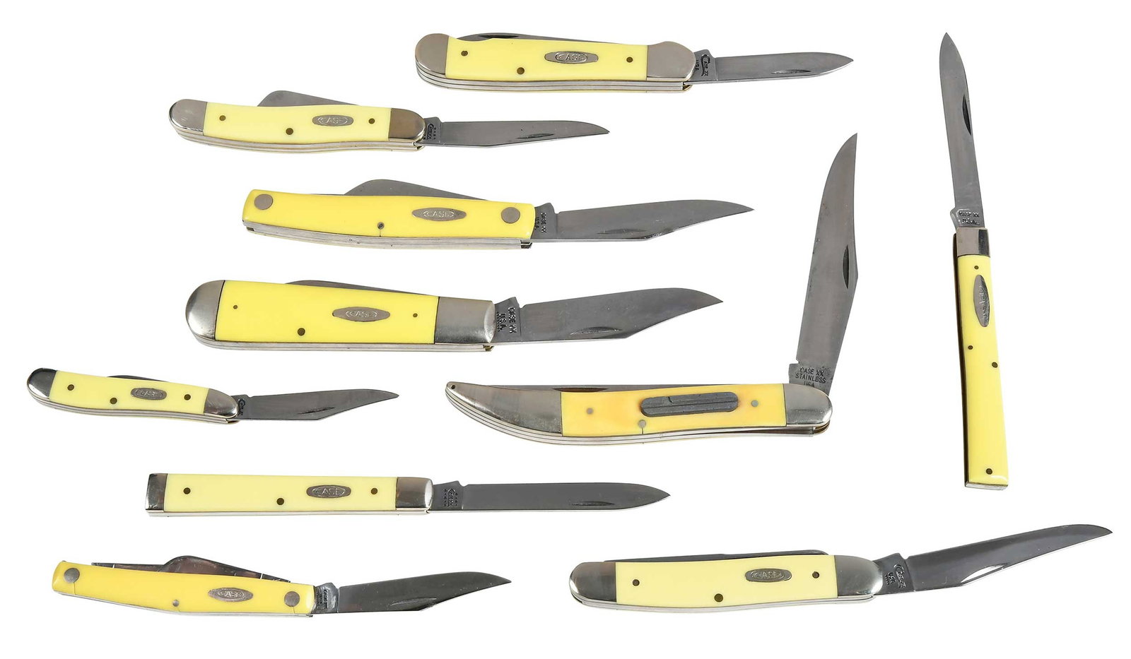 Group of Ten Vintage and New Yellow Bone Case Knives: popular models, two with boxes, largest 5 in. (closed) Provenance: The Fredrick Hallyburton Collection