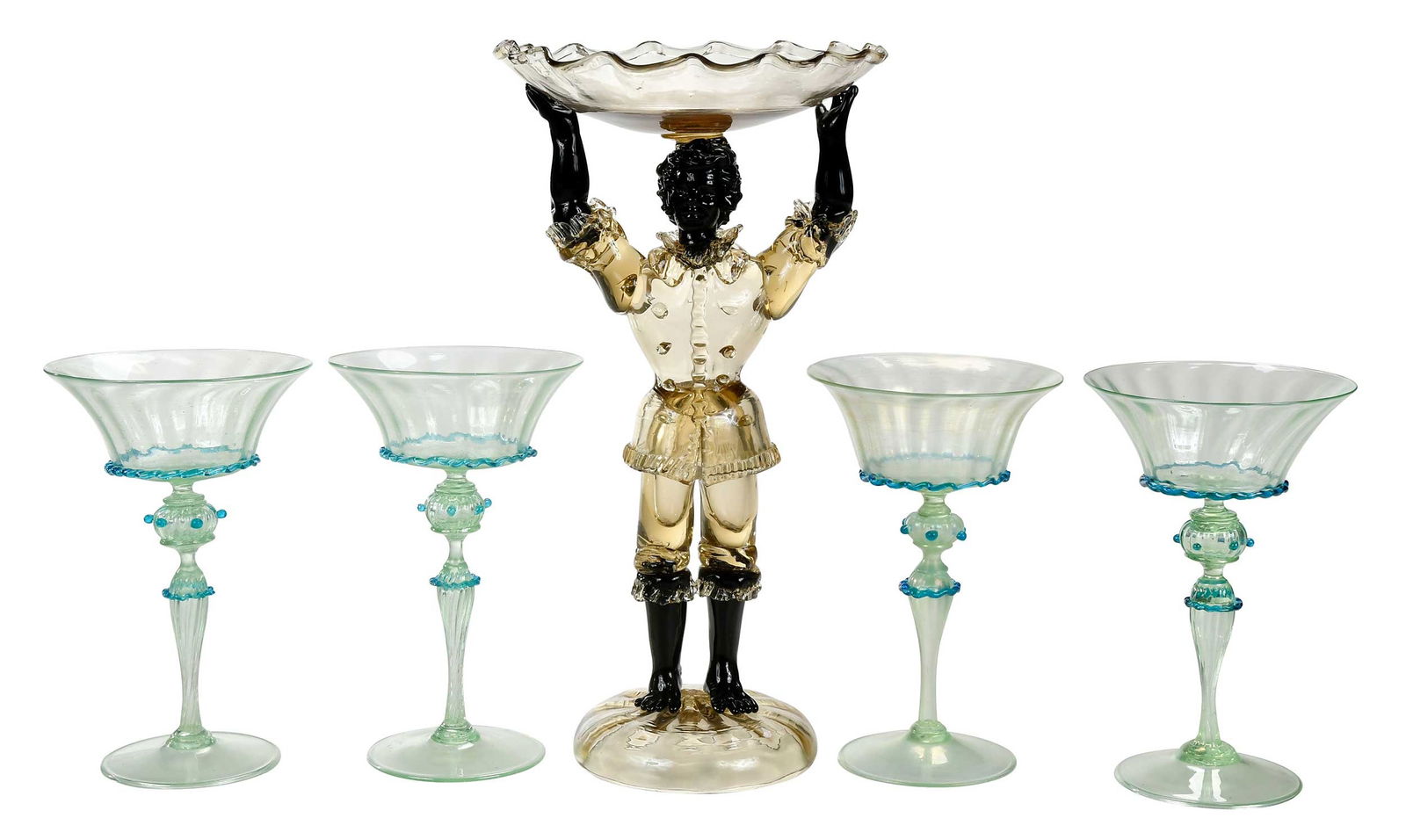 A Venetian Glass Blackamoor Compote and Four Venetian Vaseline Glasses (1 of 4)