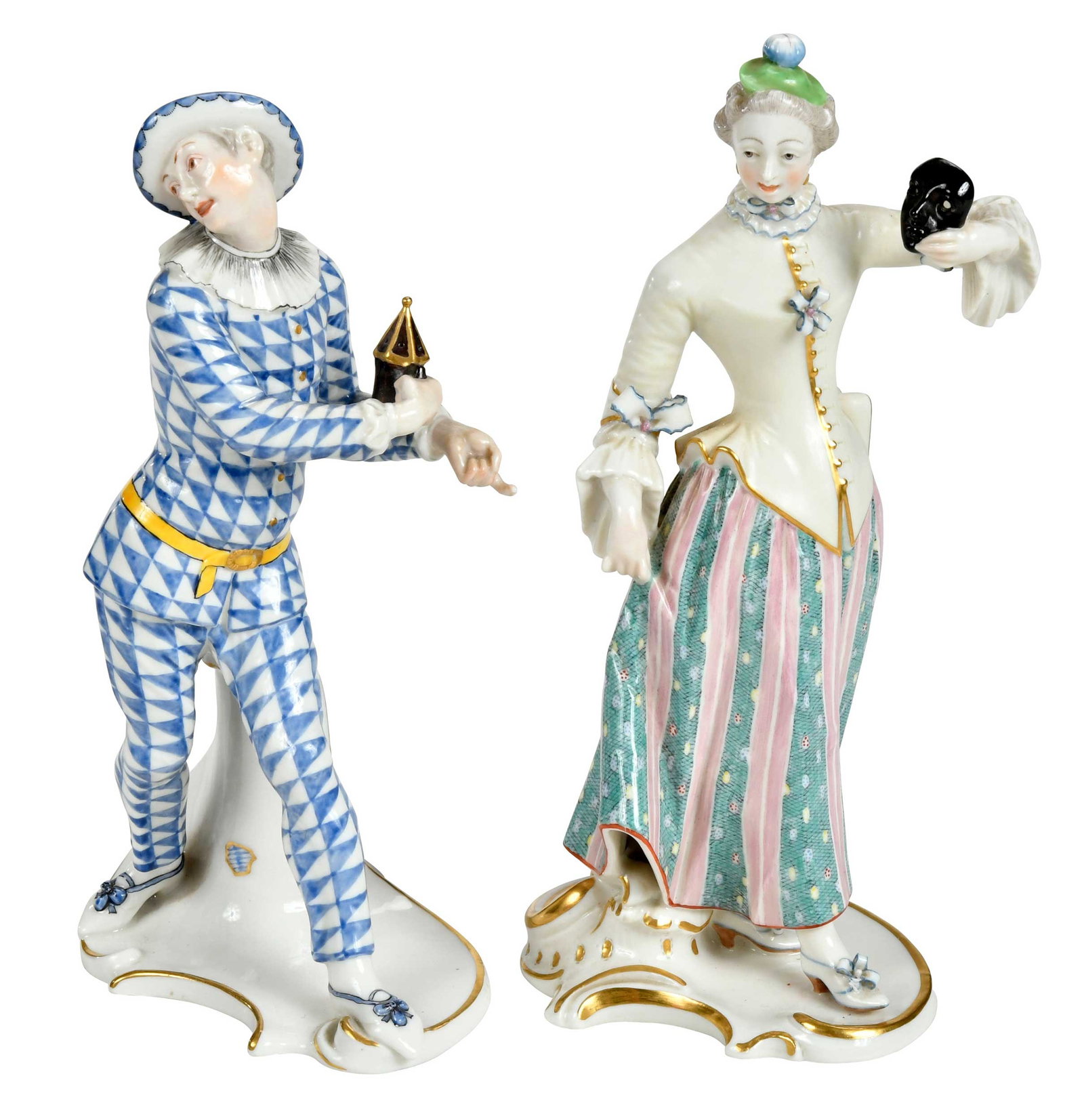 Two Nymphenburg Commedia dell'Arte Porcelain Figures: German, 20th century, each with impressed Nymphenburg shield mark to bases, comprising: Pierrot, 8 x 3 x 4-1/2 in.; Colombine, 8-1/8 x 4-1/8 x 4 in. Provenance: Collection of Steve Stewart, Lake Lure,