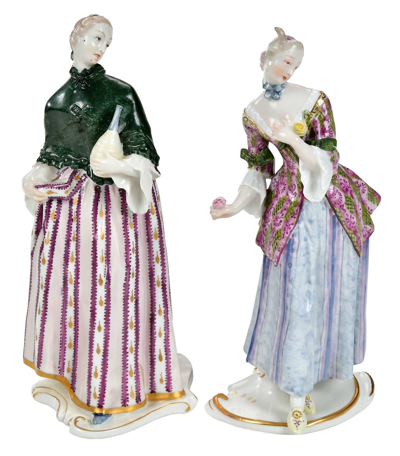Two Nymphenburg Commedia dell'Arte Porcelain Figures: German, 20th century, each with impressed Nymphenburg shield mark to bases, comprising: Donna Martina, 7-3/4 x 3-1/2 x 4-3/4 in.; Lucinda, 7-1/2 x 3-3/8 x 3-1/2 in. Provenance: Collection of Steve Ste