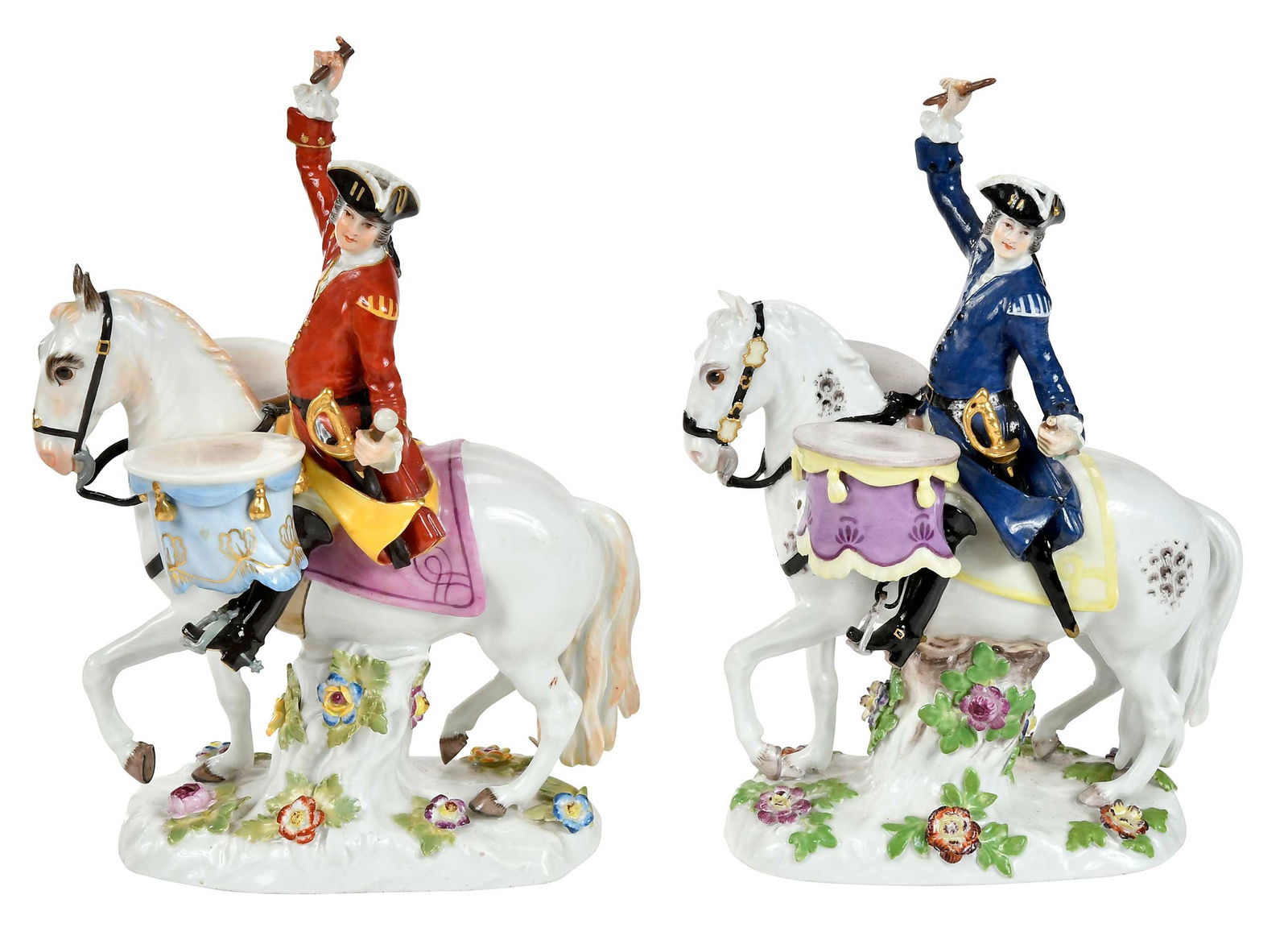 Two Meissen Saxon Soldiers on Horseback: German, 20th century, each with crossed swords to base and impressed '1963', one marked '1710/1910', soldiers with kettle drums, each of the same form with differing colors, each approximately 7-3/4 x
