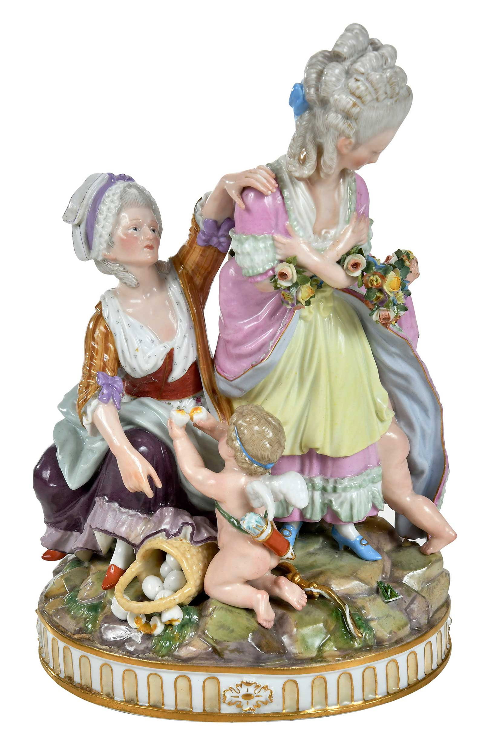 Meissen Figural Group, The Broken Eggs: German, late 19th/early 20th century, marked on the base with crossed swords mark and 'F65', enamel and gilt decorated, 9-1/4 x 6-1/4 x 5 in. Provenance: Collection of Steve Stewart, Lake Lure, North 