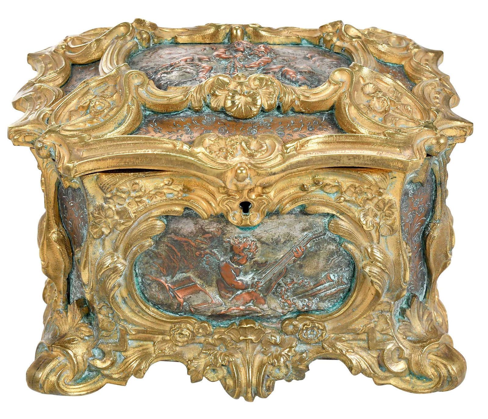 French Gilt Bronze Jewelry Casket: 19th century, with Rococo style scrollwork framing panels depicting scenes of putti, hinged lid opening to interior with velvet lining, 4-1/2 x 6-1/2 x 5-1/8 in. Provenance: Collection of Steve Stewar
