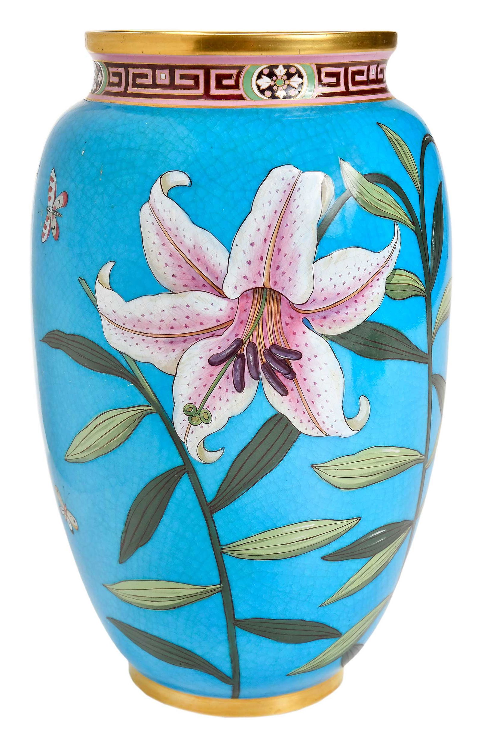 Christopher Dresser for Mintons Porcelain Vase: (English, 1834-1904), marked on base with crown above sphere, enamel and gilt decoration flowers and peaches over turquoise ground, 10-1/2 x 6-1/2 in. Provenance: The Collection of Clare and Jared Edw