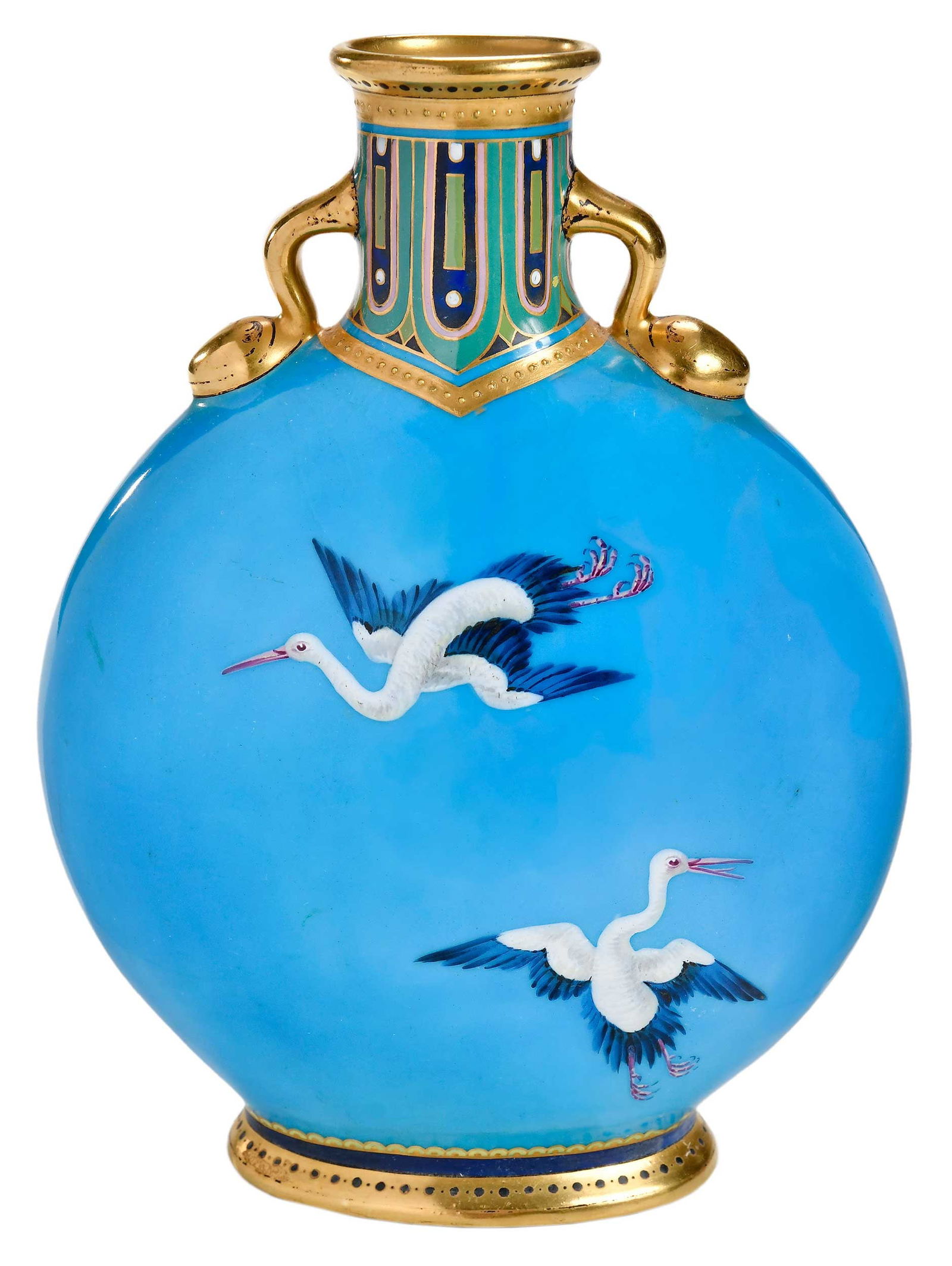 Christopher Dresser for Mintons Porcelain Moon Flask: (English, 1834-1904), marked on base with crown above sphere, enamel and gilt decoration featuring geometric patterns and herons over turquoise ground, 7-3/4 x 5-3/4 x 3-1/4 in. Provenance: The Fine A