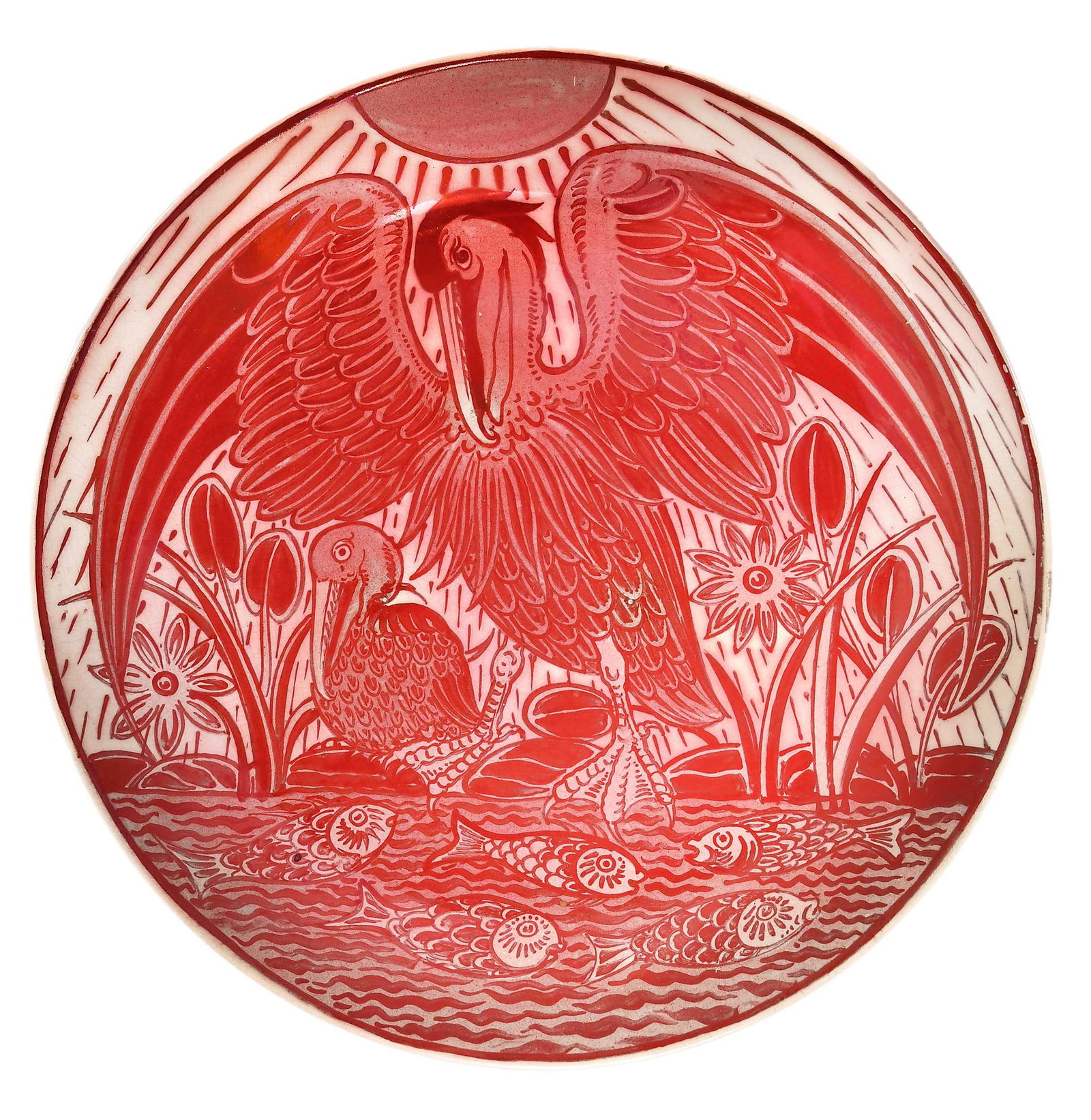 William De Morgan Charger: (English, 1839-1917), ruby red lustre glazed earthenware charger with decoration of cranes among the reeds, 2 x 14-1/4 in. diameter Provenance: Gem Antiques, New York, purchased October 7, 1989 for $1