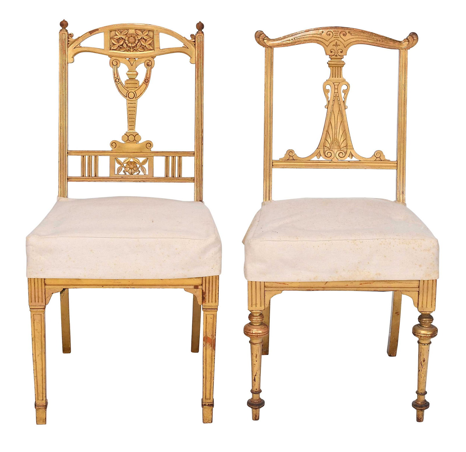 Two Gilt Decorated Aesthetic Movement Side Chairs: possibly Philadelphia, late 19th century, one with carved crest rail and leaf form back splat, turned legs; one with floral carved crest rail and column and drape form back splat, rectangular fluted l