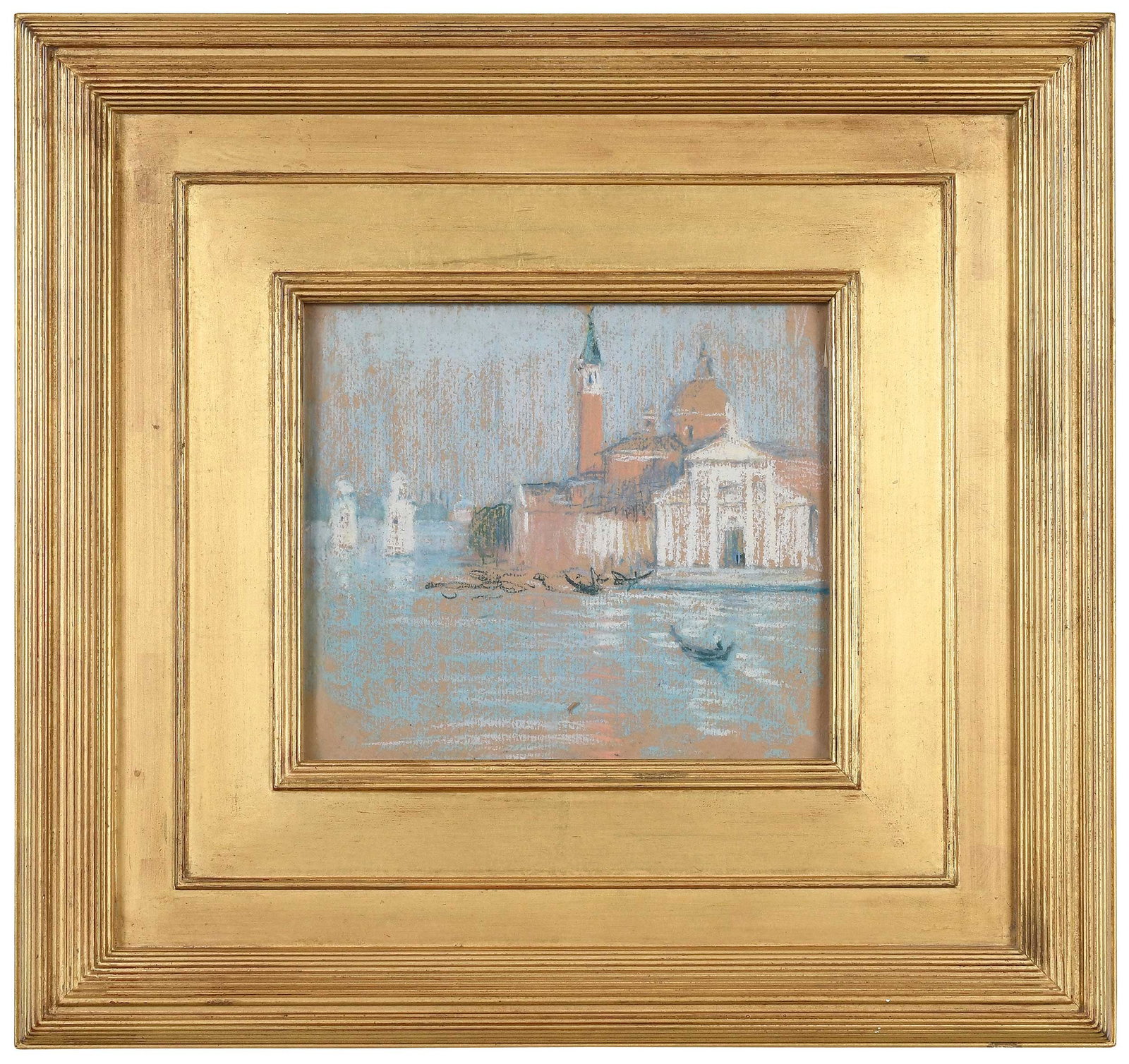 American School Venetian Scene: (19th/early 20th century) San Giorgio Maggiore, unsigned, label attached verso from J.J. Gillespie & Co., Pittsburgh, Pennsylvania, 'San Giorgio Maggiore Venice 1913', pastel on tan paper, 8 x 9 in.; 