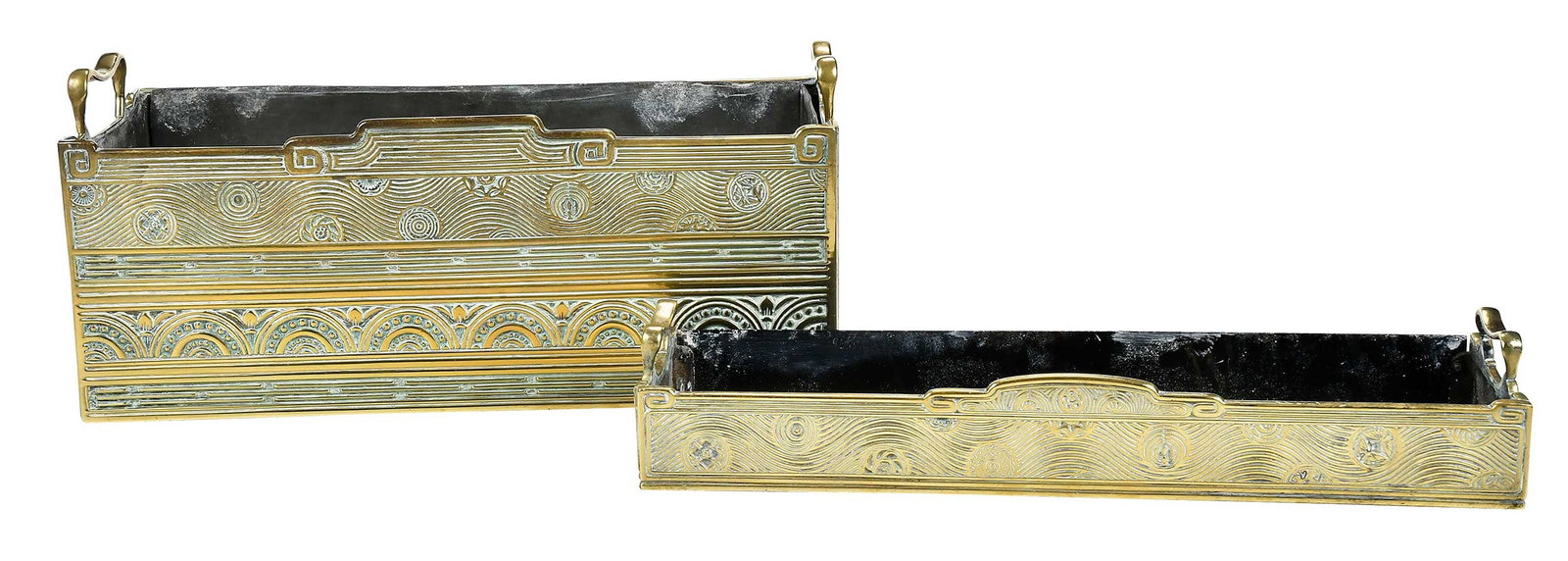 Brass Cinder Box and Planter by Thomas Jeckyll: late 19th century, Anglo-Japanese aesthetic style, produced by Barnard, Bishop, and Barnard manufactory, cinder box with removable liner; diamond mark at interior of planter; each approximately 18 in.