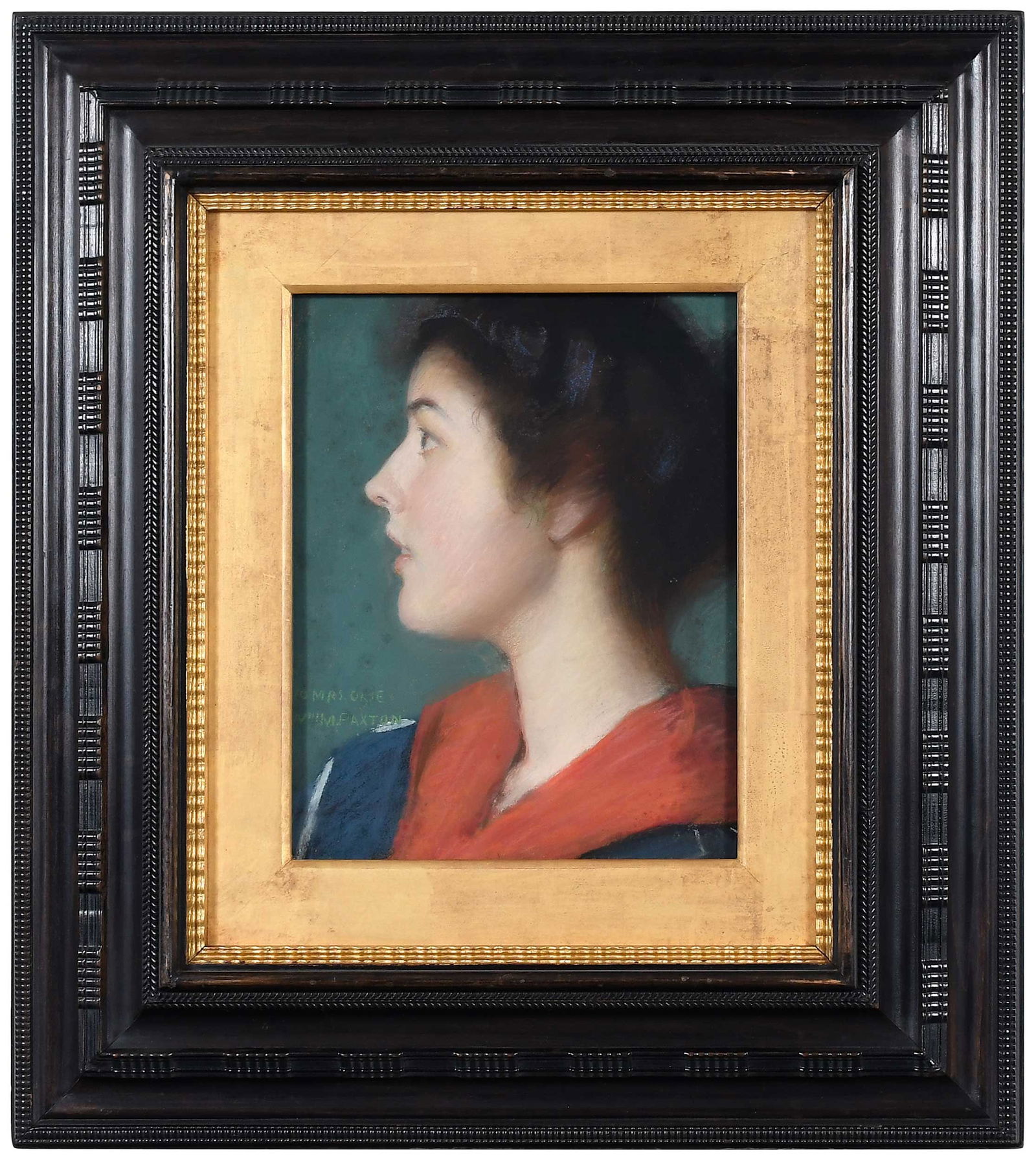William McGregor Paxton: (American,1869-1941) Elizabeth Okie (Paxton), 1895, inscribed center left 'To Mrs. Okie/Wm.M Paxton', signed and inscribed verso 'Elizabeth Okie aged 16 yrs by W.M. Paxton', pastel on board, 14-1/4 x