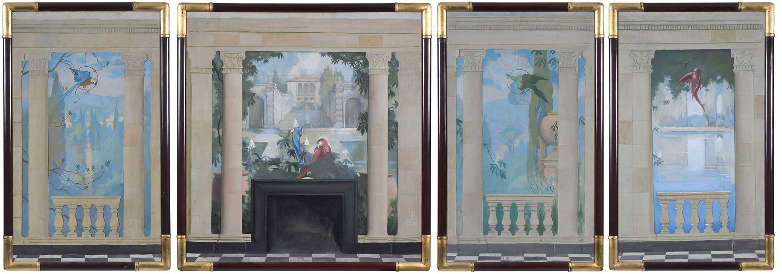 Henry Howard Brooks, Schrafft Mural Maquettes: (Massachusetts, 1898-1981) Four Mural Maquettes, unsigned, for the William Schrafft Mansion, oil on canvas, (3) 32 x 19 in.; (1) 32 x 30 in.; matching wood and gilt wood frames, 33-3/4 x 21 in.; 33-3/